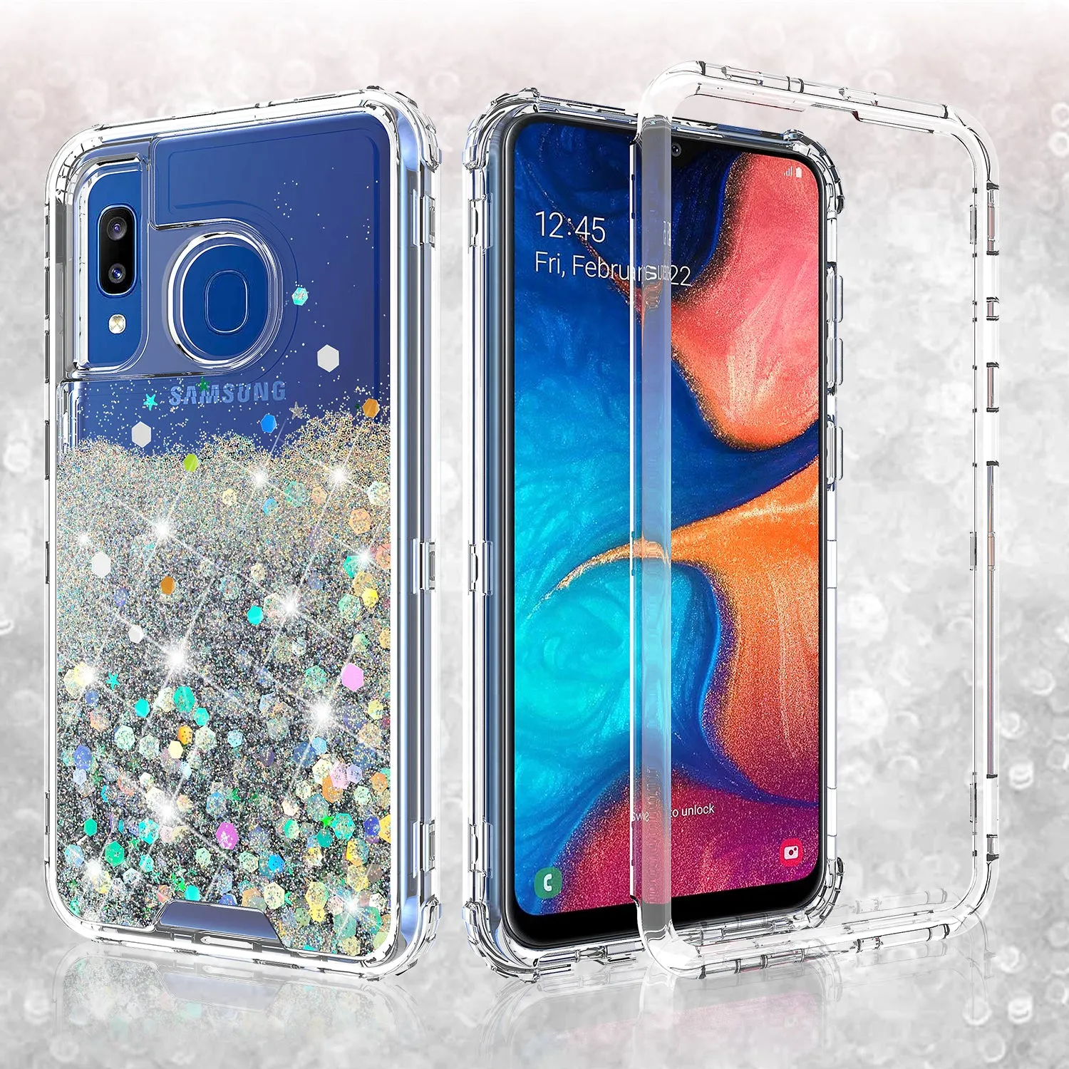 Samsung Galaxy A20 | A30 | A50 Case, Clear Glitter Sparkle Flowing Liquid Heavy Duty Shockproof Three Layer Hard Protective Bling Girls Women Cases for Samsung Galaxy A20/A30/A50 - Silver