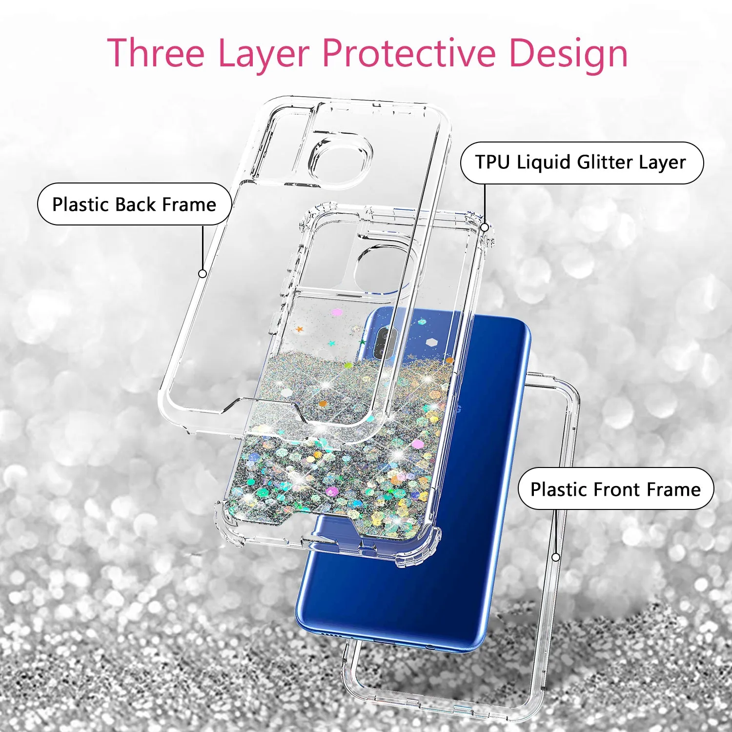 Samsung Galaxy A20 | A30 | A50 Case, Clear Glitter Sparkle Flowing Liquid Heavy Duty Shockproof Three Layer Hard Protective Bling Girls Women Cases for Samsung Galaxy A20/A30/A50 - Silver