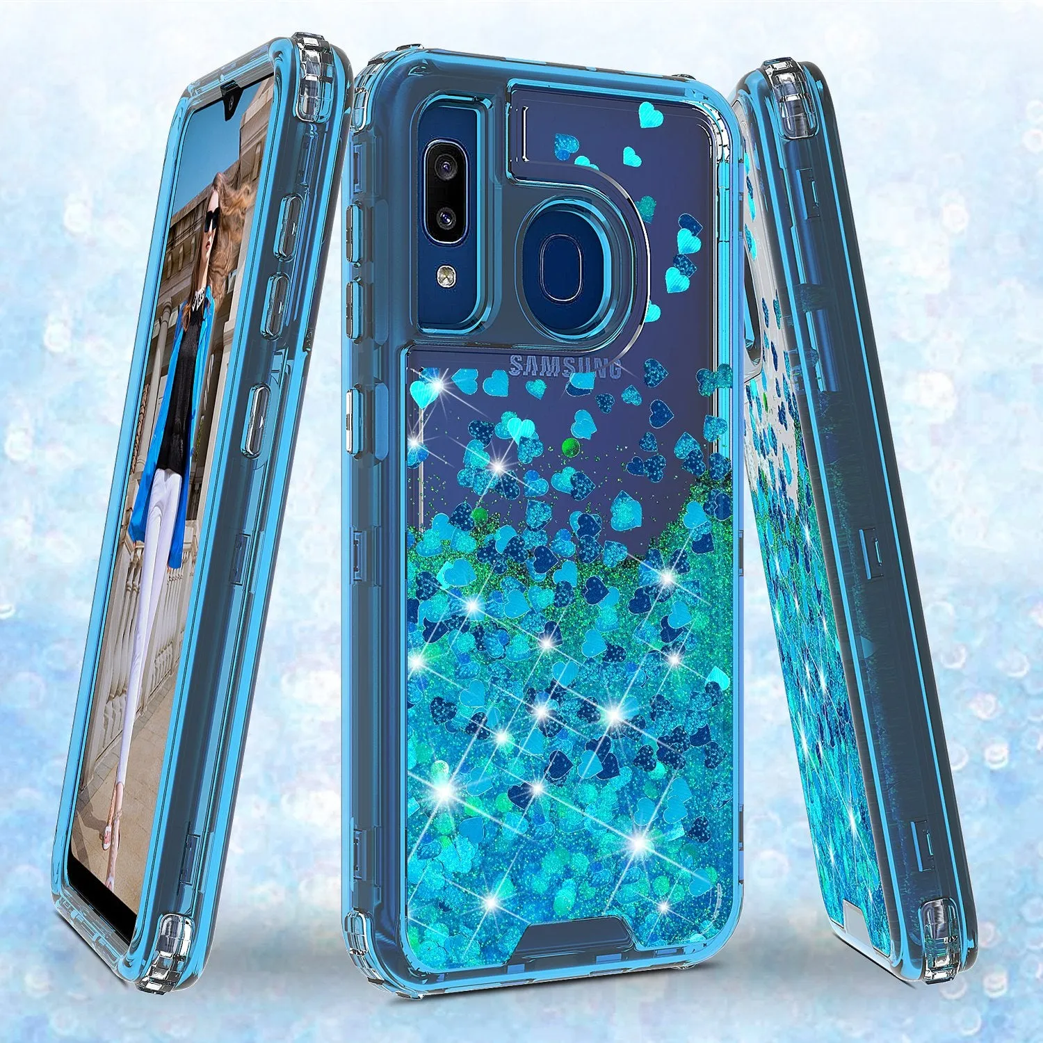 Samsung Galaxy A20 | A30 | A50 Case, Clear Glitter Sparkle Flowing Liquid Heavy Duty Shockproof Three Layer Hard Protective Bling Girls Women Cases for Samsung Galaxy A20/A30/A50 - Teal