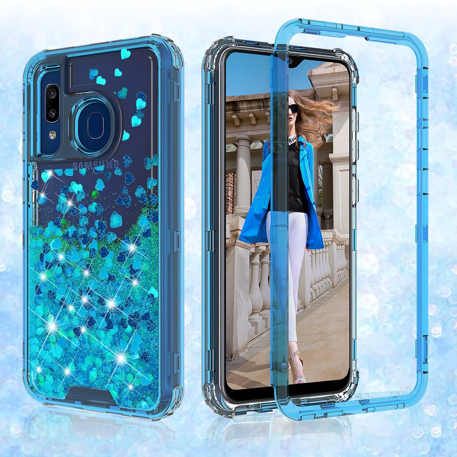 Samsung Galaxy A20 | A30 | A50 Case, Clear Glitter Sparkle Flowing Liquid Heavy Duty Shockproof Three Layer Hard Protective Bling Girls Women Cases for Samsung Galaxy A20/A30/A50 - Teal