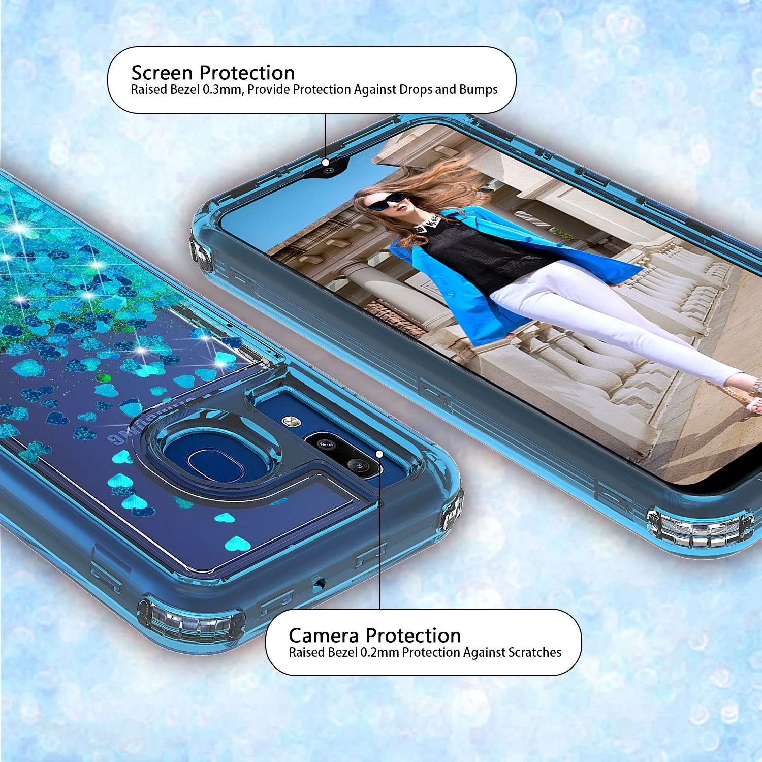 Samsung Galaxy A20 | A30 | A50 Case, Clear Glitter Sparkle Flowing Liquid Heavy Duty Shockproof Three Layer Hard Protective Bling Girls Women Cases for Samsung Galaxy A20/A30/A50 - Teal