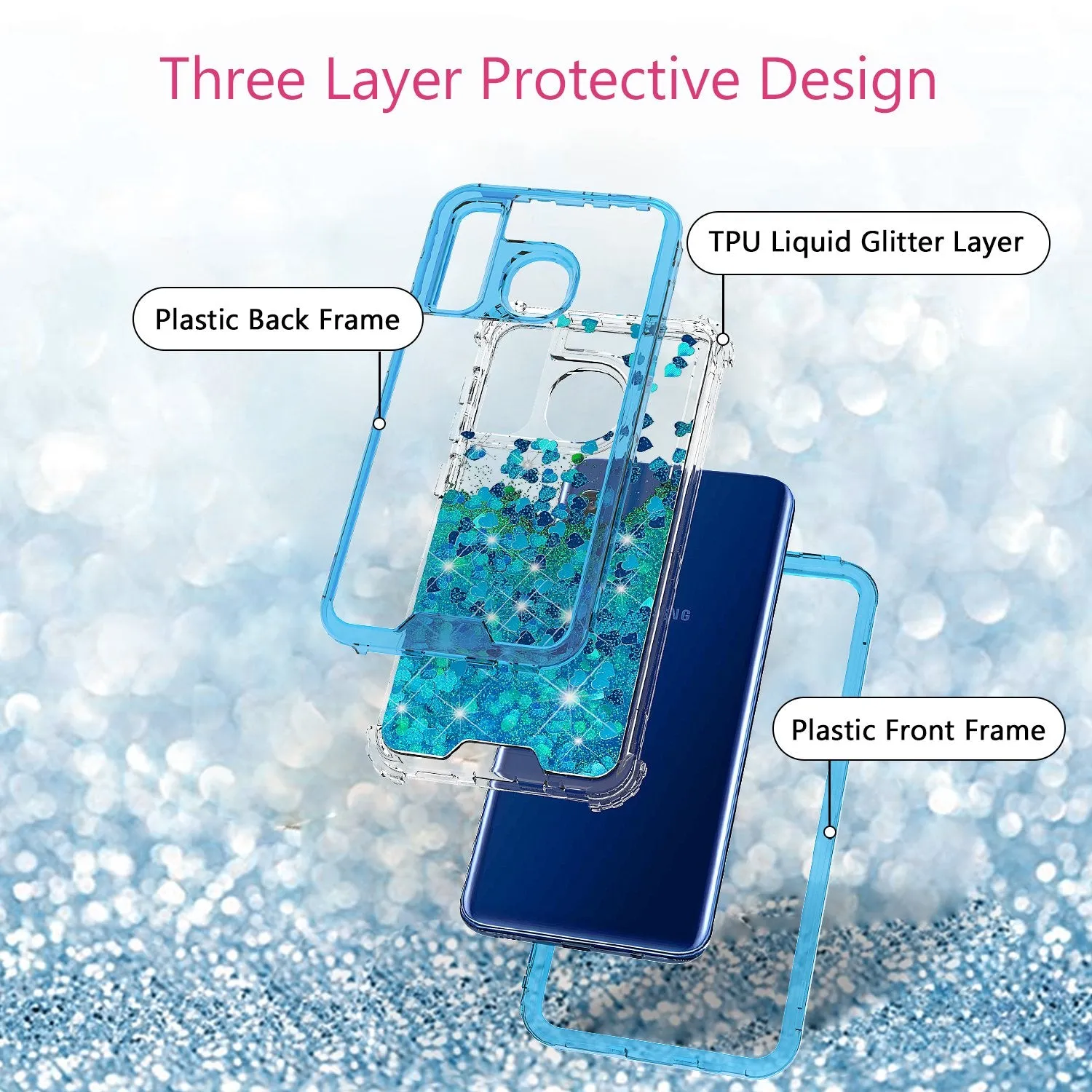 Samsung Galaxy A20 | A30 | A50 Case, Clear Glitter Sparkle Flowing Liquid Heavy Duty Shockproof Three Layer Hard Protective Bling Girls Women Cases for Samsung Galaxy A20/A30/A50 - Teal