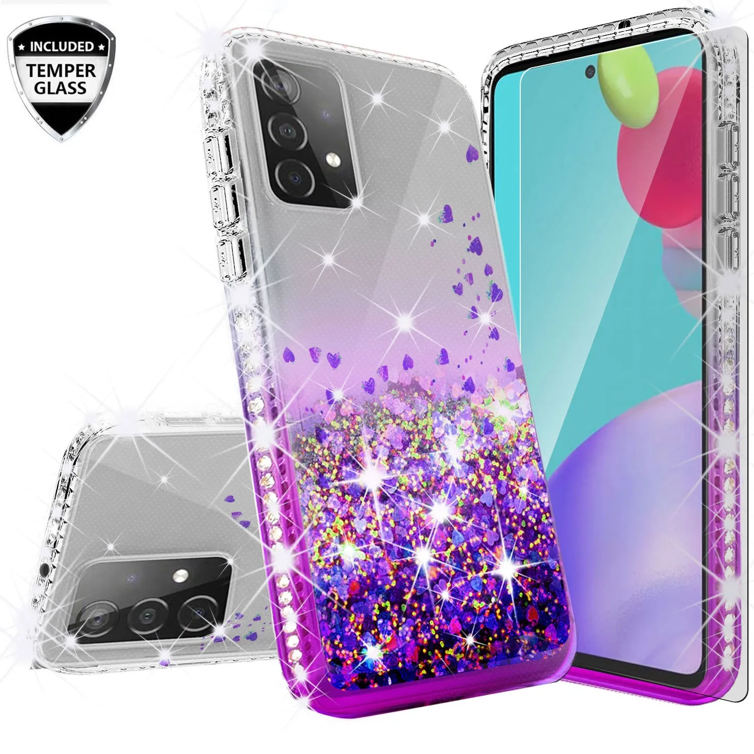 Samsung Galaxy A52 5G Case Liquid Glitter Phone Case Waterfall Floating Quicksand Bling Sparkle Cute Protective Girls Women Cover for Samsung Galaxy A52 5G W/Temper Glass - Purple