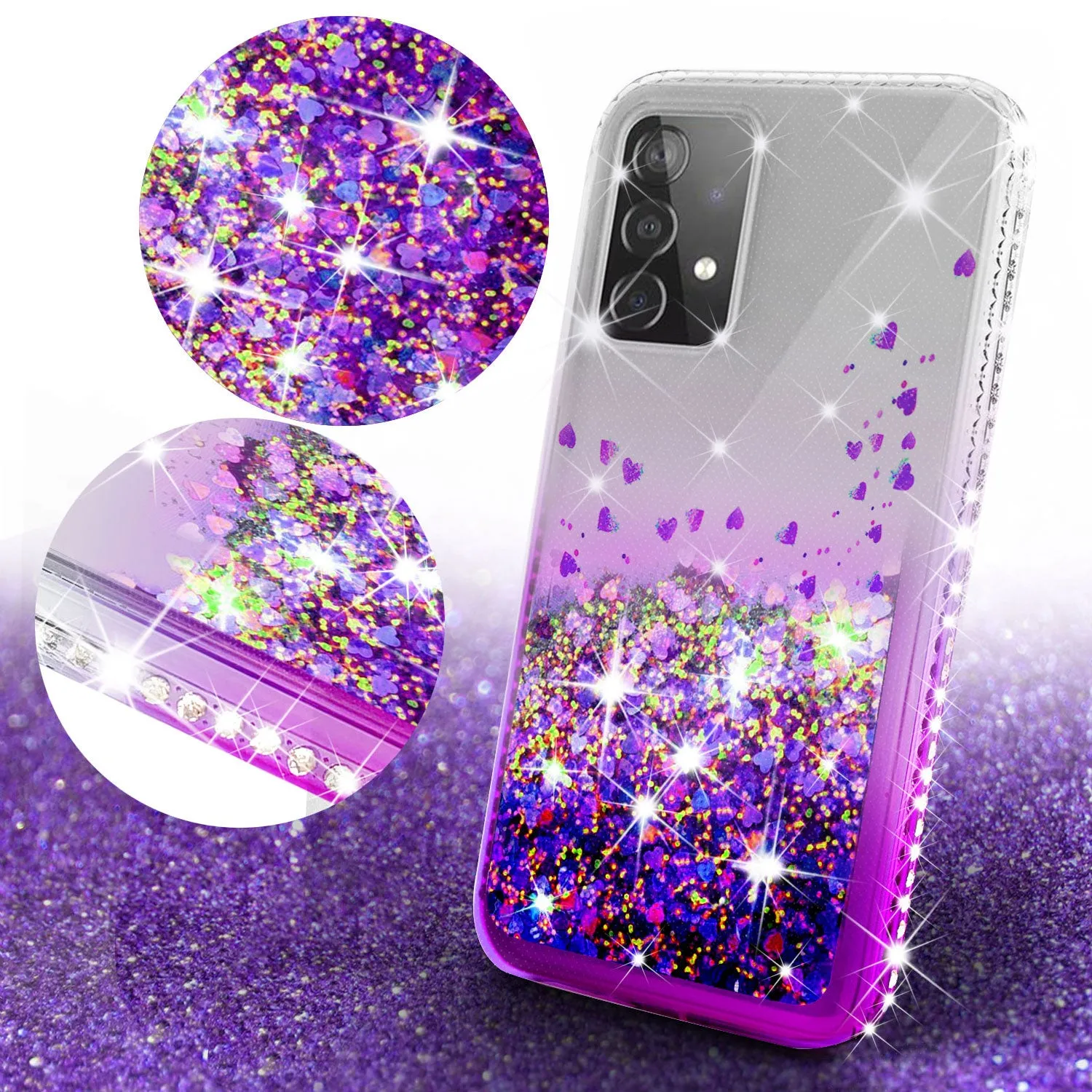 Samsung Galaxy A52 5G Case Liquid Glitter Phone Case Waterfall Floating Quicksand Bling Sparkle Cute Protective Girls Women Cover for Samsung Galaxy A52 5G W/Temper Glass - Purple