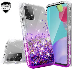 Samsung Galaxy A52 5G Case Liquid Glitter Phone Case Waterfall Floating Quicksand Bling Sparkle Cute Protective Girls Women Cover for Samsung Galaxy A52 5G W/Temper Glass - Purple