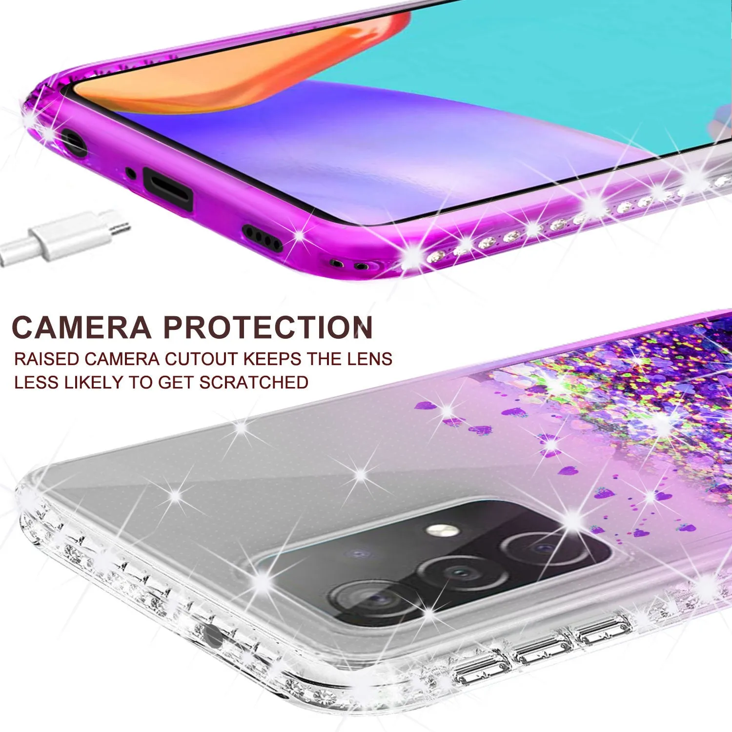Samsung Galaxy A52 5G Case Liquid Glitter Phone Case Waterfall Floating Quicksand Bling Sparkle Cute Protective Girls Women Cover for Samsung Galaxy A52 5G W/Temper Glass - Purple