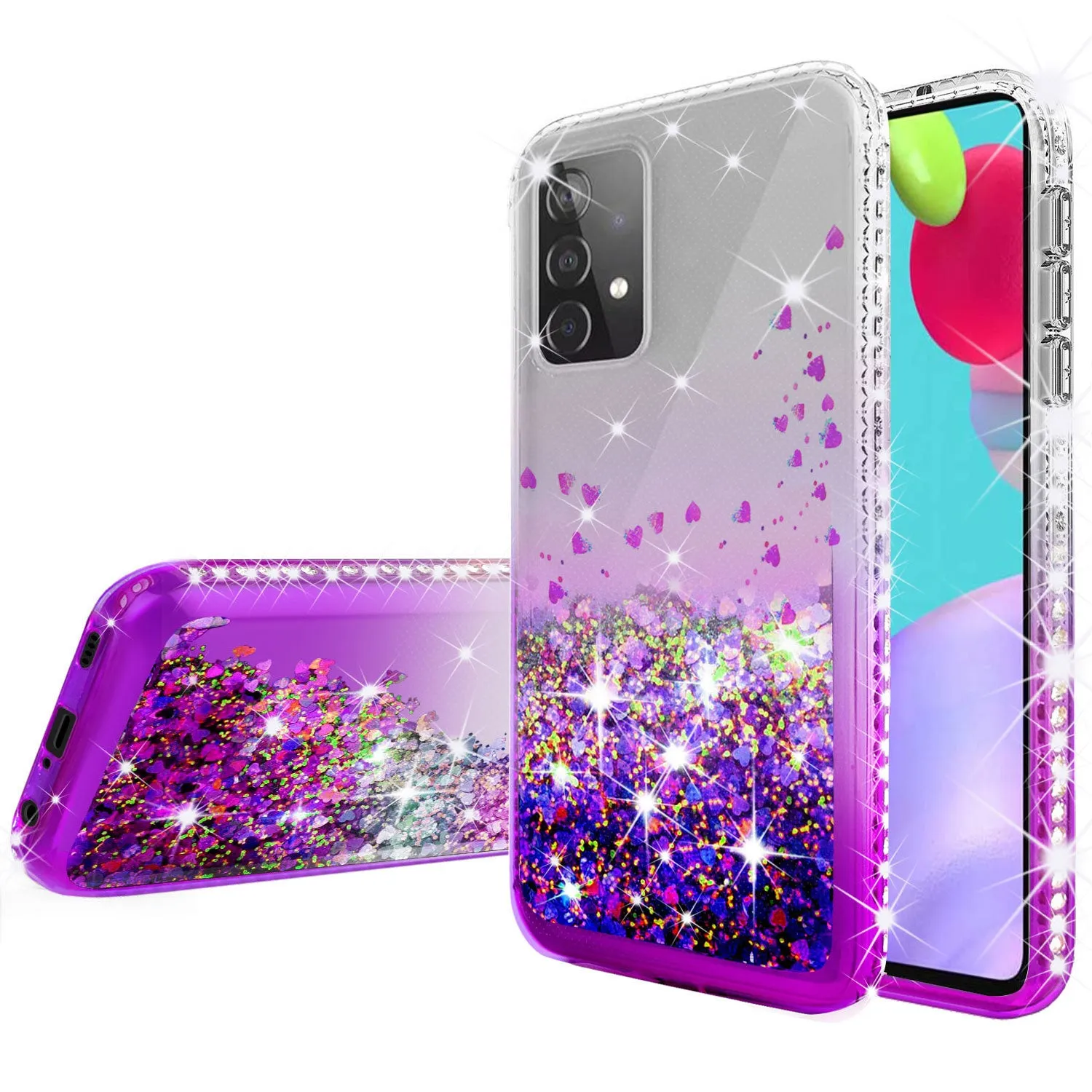 Samsung Galaxy A52 5G Case Liquid Glitter Phone Case Waterfall Floating Quicksand Bling Sparkle Cute Protective Girls Women Cover for Samsung Galaxy A52 5G W/Temper Glass - Purple