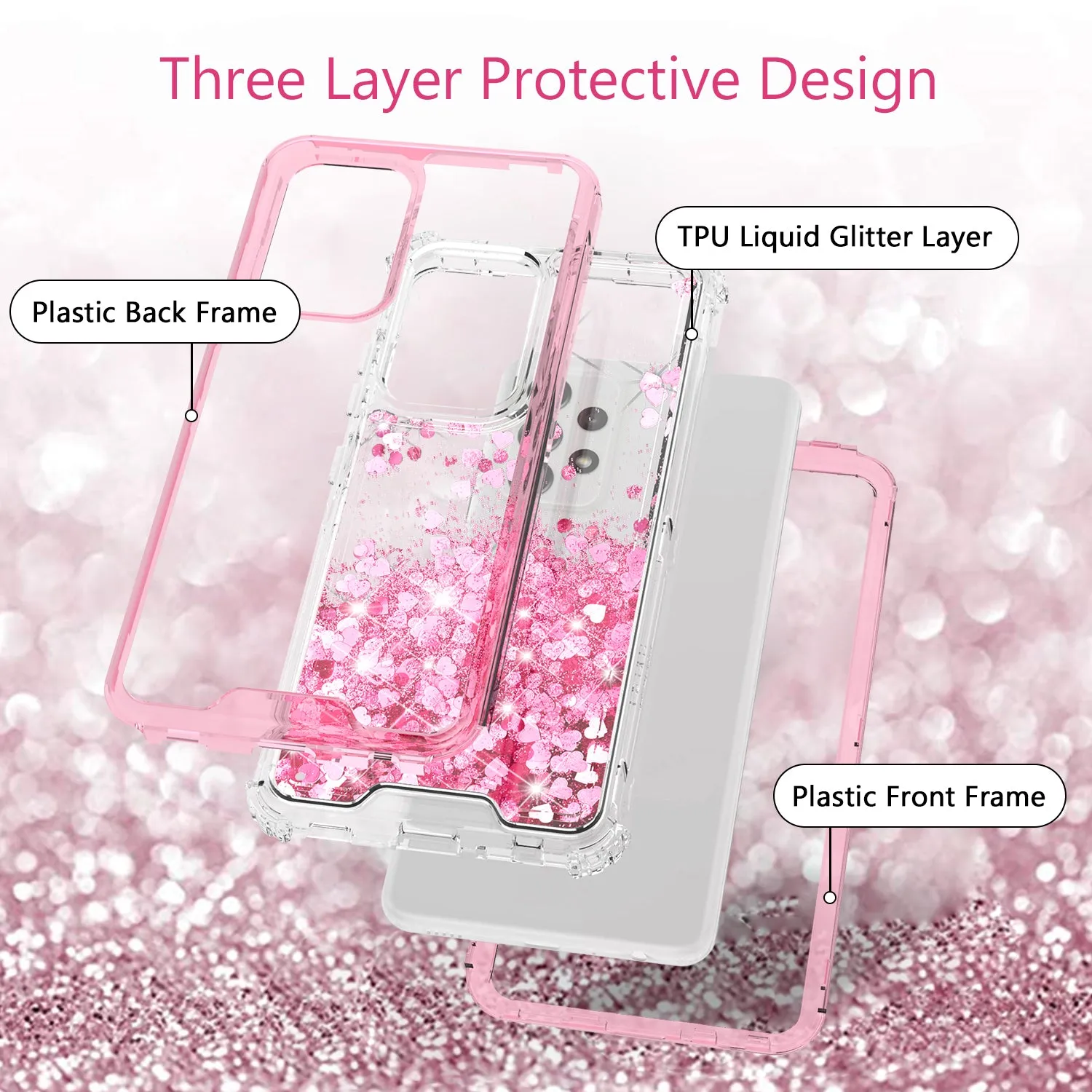 Samsung Galaxy A52 5G Case,Hard Clear Glitter Sparkle Flowing Liquid Heavy Duty Shockproof Three Layer Protective Bling Girls Women Cases for Samsung Galaxy A52 5G - Pink