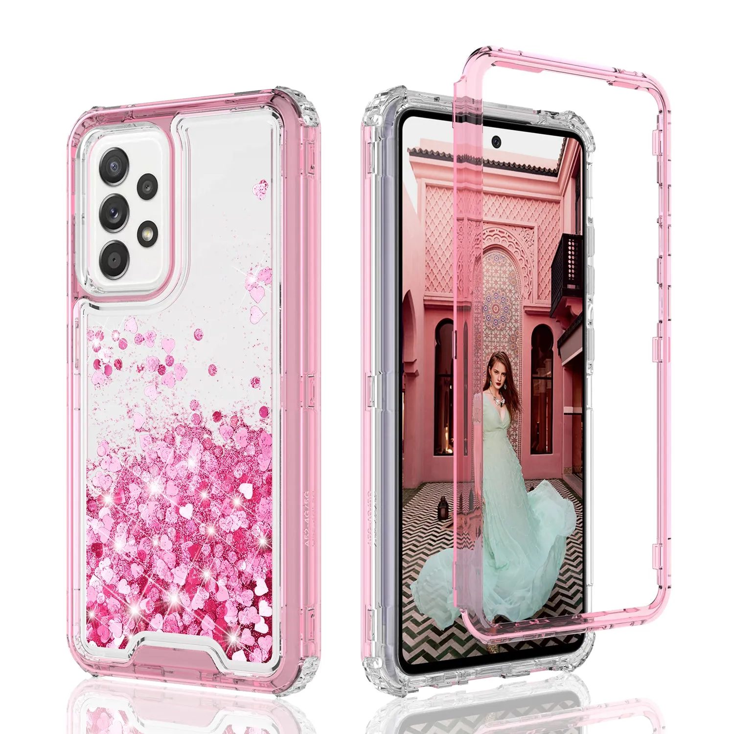 Samsung Galaxy A52 5G Case,Hard Clear Glitter Sparkle Flowing Liquid Heavy Duty Shockproof Three Layer Protective Bling Girls Women Cases for Samsung Galaxy A52 5G - Pink