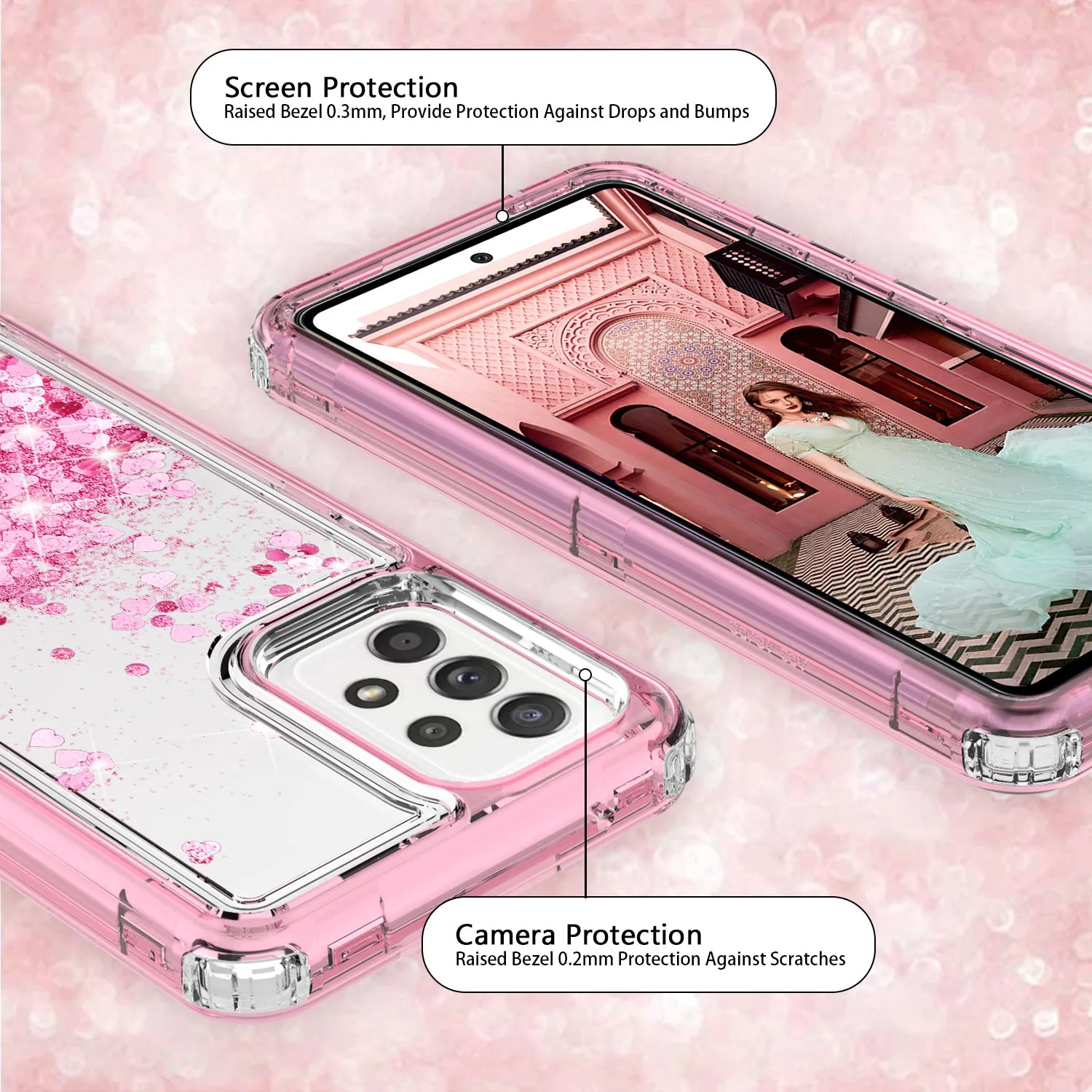 Samsung Galaxy A52 5G Case,Hard Clear Glitter Sparkle Flowing Liquid Heavy Duty Shockproof Three Layer Protective Bling Girls Women Cases for Samsung Galaxy A52 5G - Pink