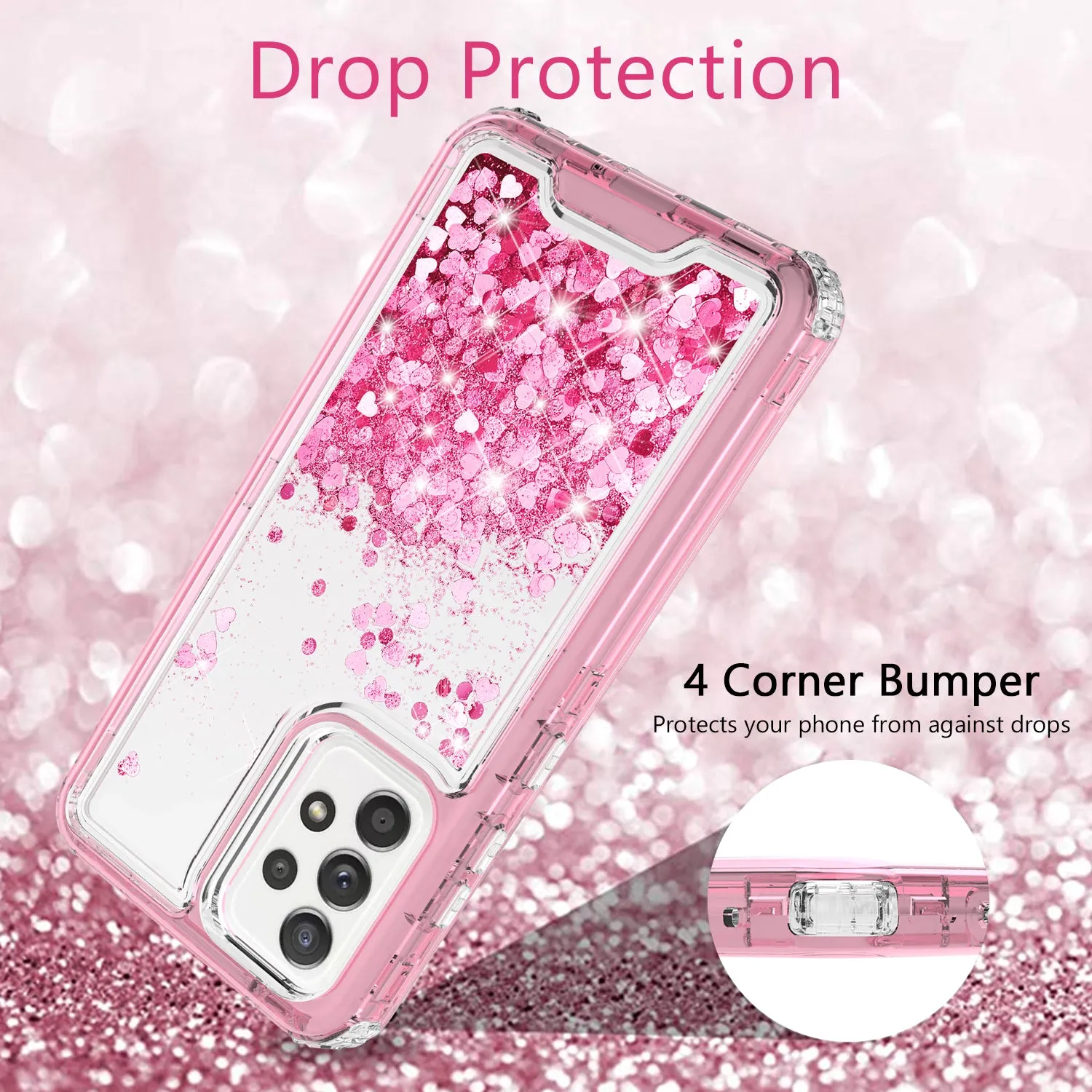 Samsung Galaxy A52 5G Case,Hard Clear Glitter Sparkle Flowing Liquid Heavy Duty Shockproof Three Layer Protective Bling Girls Women Cases for Samsung Galaxy A52 5G - Pink