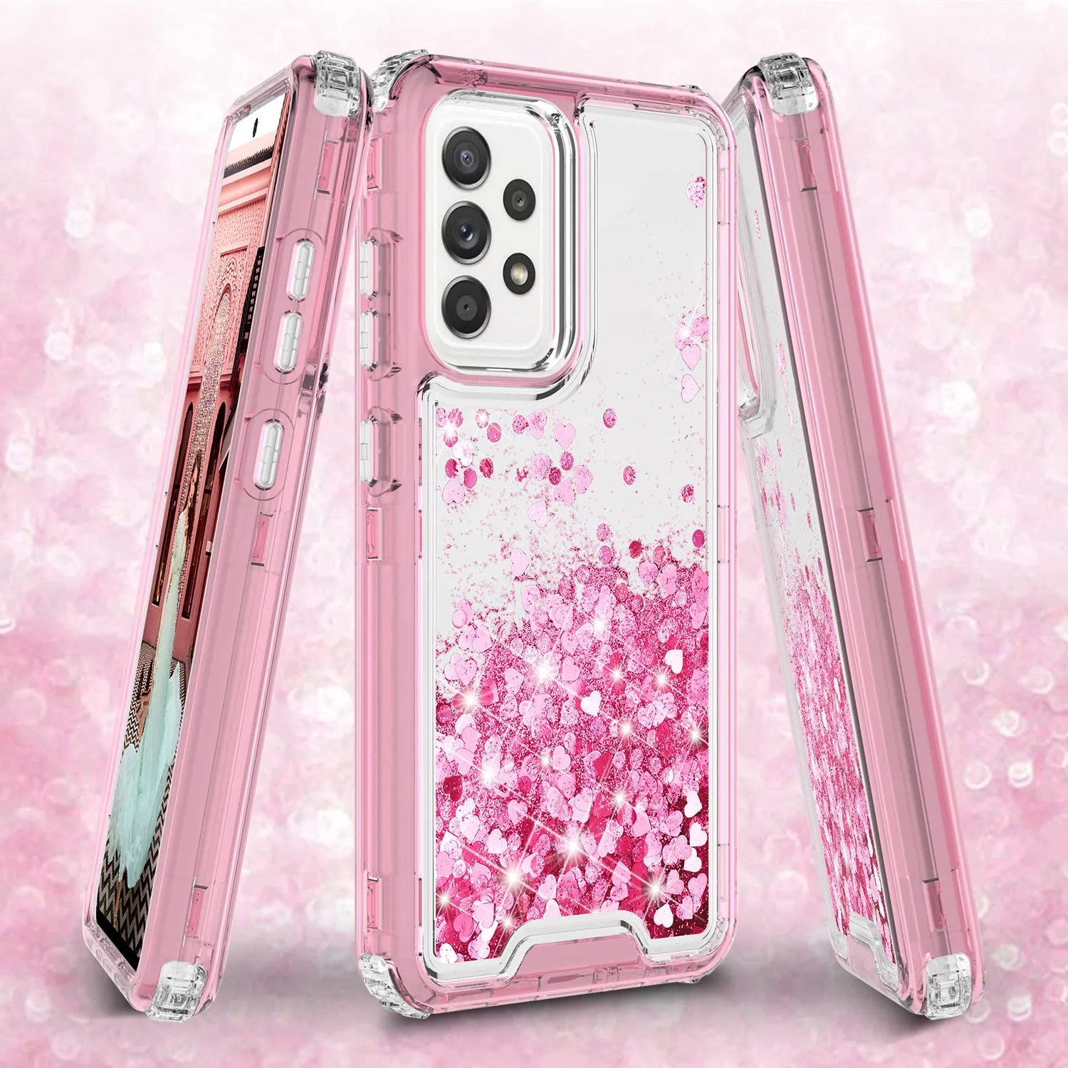 Samsung Galaxy A52 5G Case,Hard Clear Glitter Sparkle Flowing Liquid Heavy Duty Shockproof Three Layer Protective Bling Girls Women Cases for Samsung Galaxy A52 5G - Pink