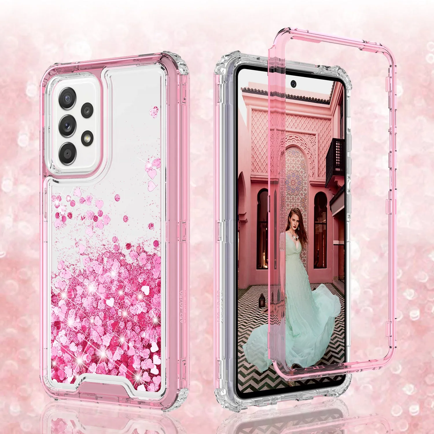 Samsung Galaxy A52 5G Case,Hard Clear Glitter Sparkle Flowing Liquid Heavy Duty Shockproof Three Layer Protective Bling Girls Women Cases for Samsung Galaxy A52 5G - Pink
