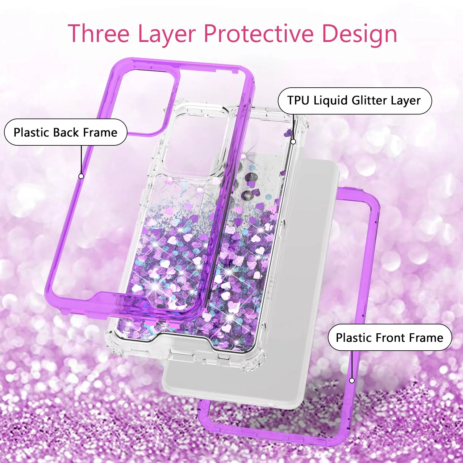 Samsung Galaxy A72 5G Case,Hard Clear Glitter Sparkle Flowing Liquid Heavy Duty Shockproof Three Layer Protective Bling Girls Women Cases for Samsung Galaxy A72 5G - Purple