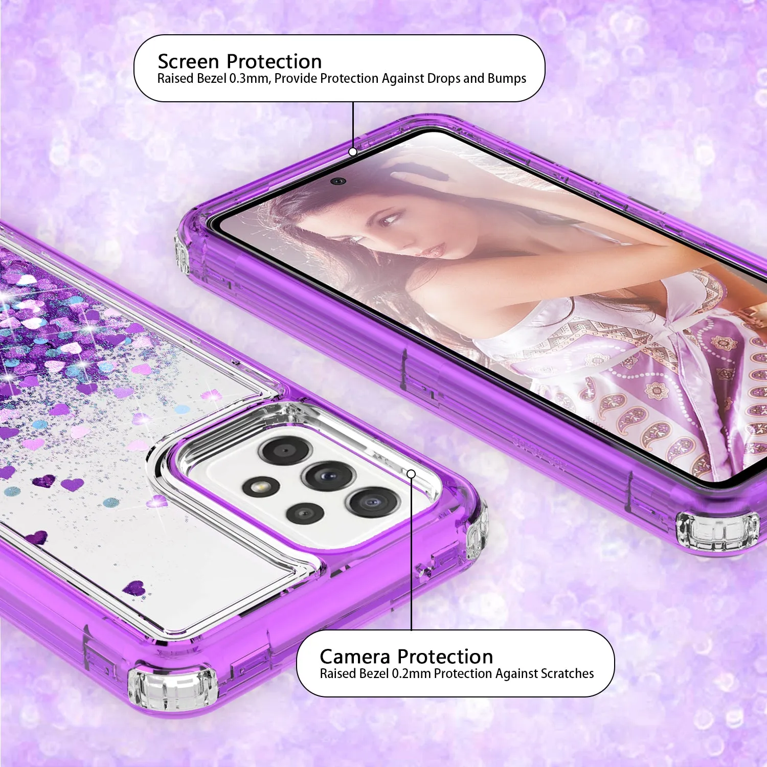 Samsung Galaxy A72 5G Case,Hard Clear Glitter Sparkle Flowing Liquid Heavy Duty Shockproof Three Layer Protective Bling Girls Women Cases for Samsung Galaxy A72 5G - Purple