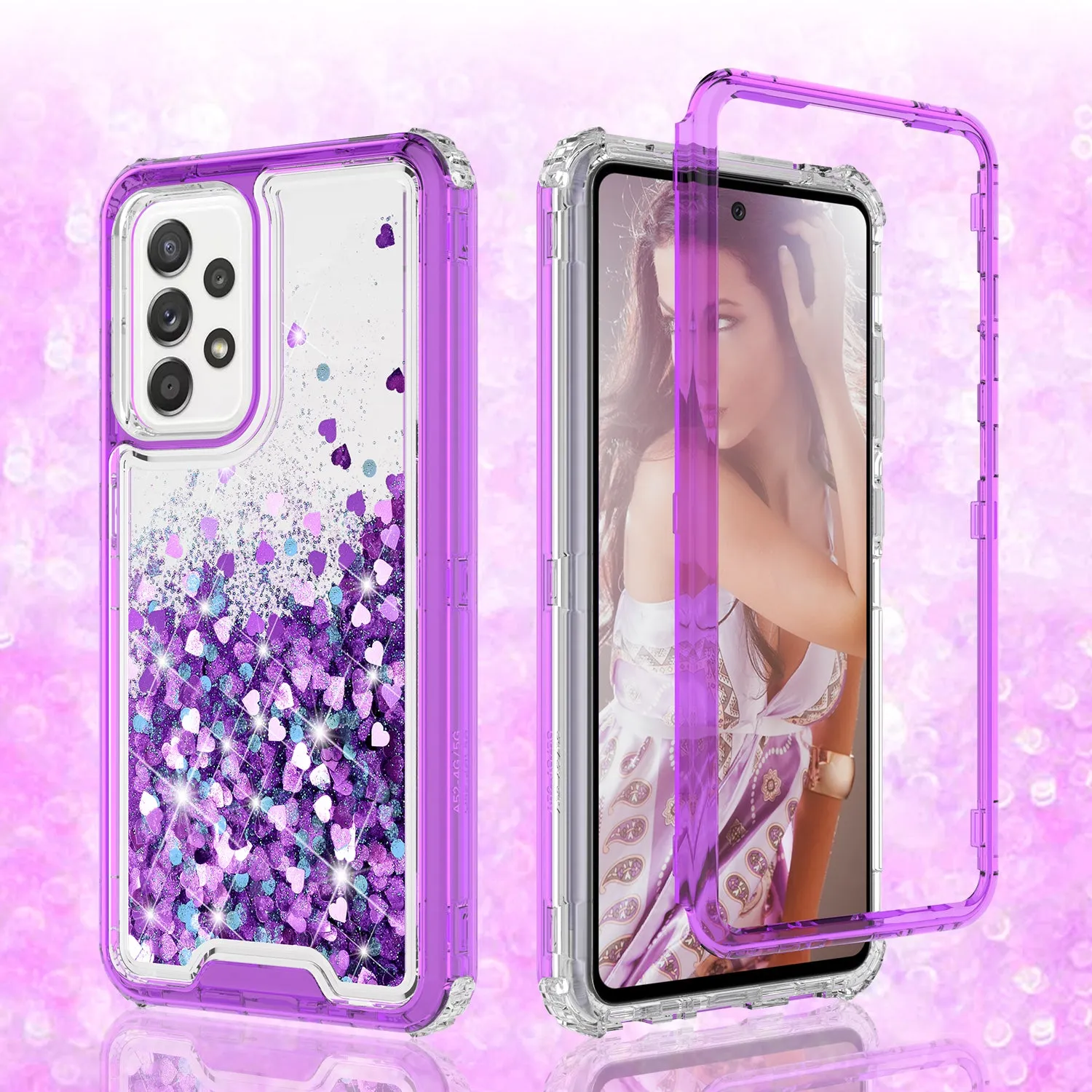 Samsung Galaxy A72 5G Case,Hard Clear Glitter Sparkle Flowing Liquid Heavy Duty Shockproof Three Layer Protective Bling Girls Women Cases for Samsung Galaxy A72 5G - Purple