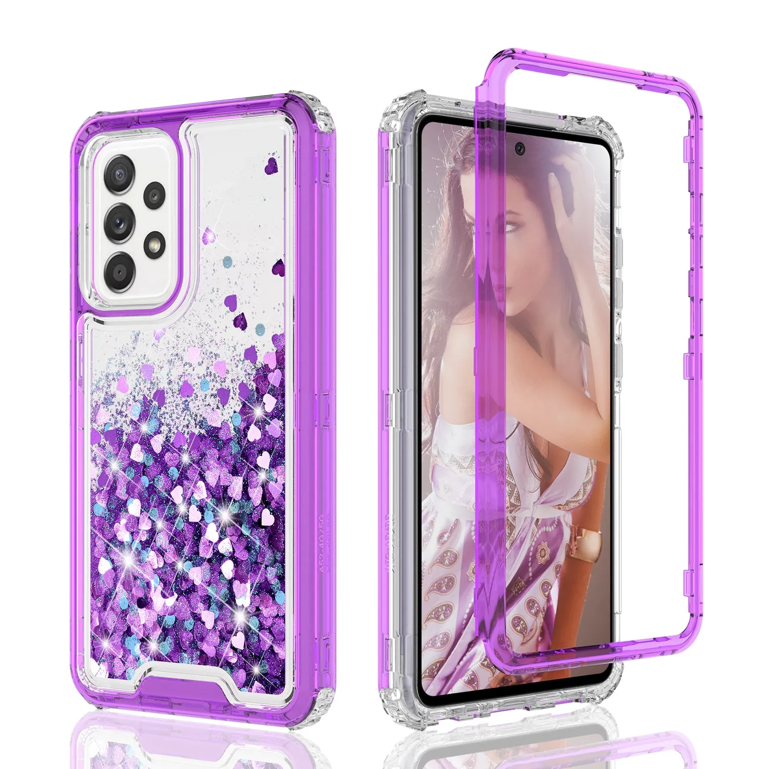 Samsung Galaxy A72 5G Case,Hard Clear Glitter Sparkle Flowing Liquid Heavy Duty Shockproof Three Layer Protective Bling Girls Women Cases for Samsung Galaxy A72 5G - Purple