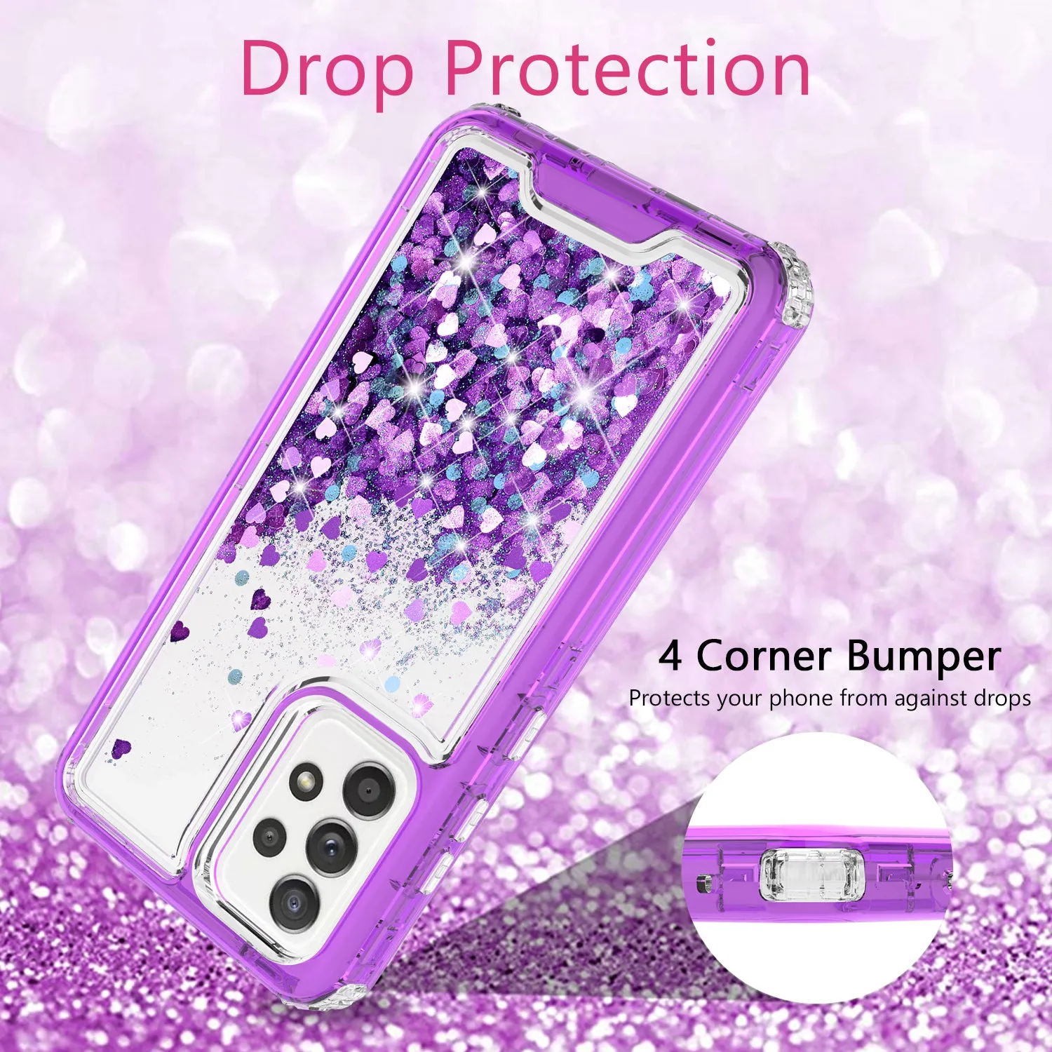 Samsung Galaxy A72 5G Case,Hard Clear Glitter Sparkle Flowing Liquid Heavy Duty Shockproof Three Layer Protective Bling Girls Women Cases for Samsung Galaxy A72 5G - Purple