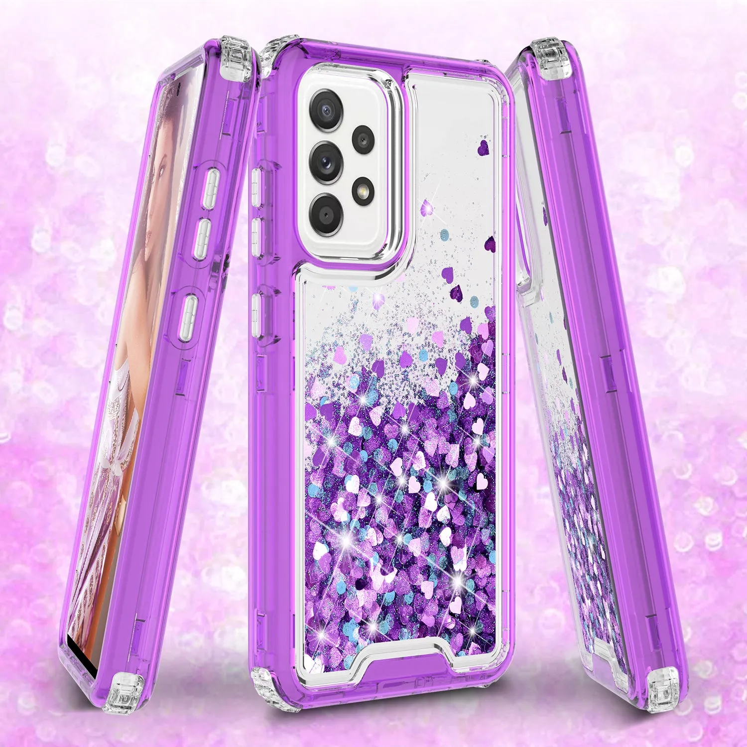 Samsung Galaxy A72 5G Case,Hard Clear Glitter Sparkle Flowing Liquid Heavy Duty Shockproof Three Layer Protective Bling Girls Women Cases for Samsung Galaxy A72 5G - Purple