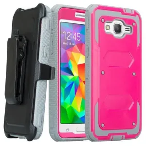 Samsung Galaxy Core Prime Case, [Shock Proof Series] Heavy Duty Belt Clip Holster, Full Body Coverage with Built In Screen Protector / Rugged Triple Layer Protection - Hot Pink/Grey