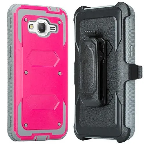 Samsung Galaxy Core Prime Case, [Shock Proof Series] Heavy Duty Belt Clip Holster, Full Body Coverage with Built In Screen Protector / Rugged Triple Layer Protection - Hot Pink/Grey