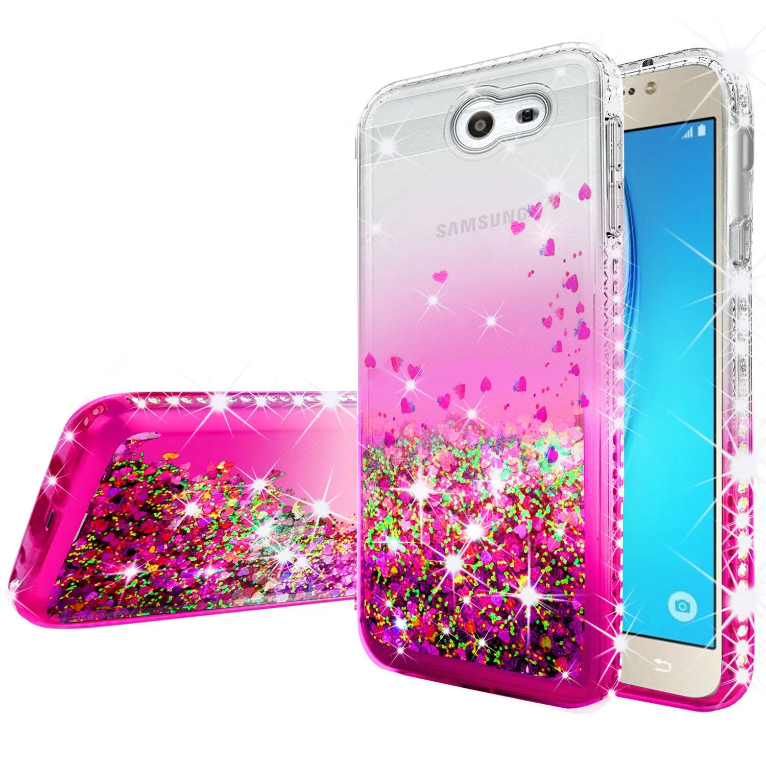Samsung Galaxy J7 2017, Galaxy Halo Case Liquid Glitter Phone Case Waterfall Floating Quicksand Bling Sparkle Cute Protective Girls Women Cover for Galaxy J7 (2017)/J7 Sky Pro/J7 Perx/J7 V/J7 Prime - Hot Pink