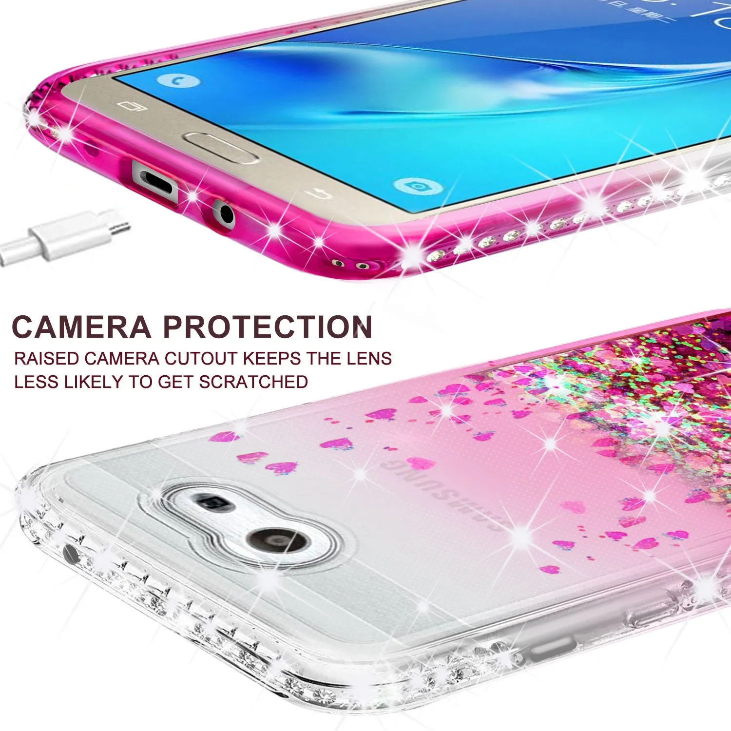 Samsung Galaxy J7 2017, Galaxy Halo Case Liquid Glitter Phone Case Waterfall Floating Quicksand Bling Sparkle Cute Protective Girls Women Cover for Galaxy J7 (2017)/J7 Sky Pro/J7 Perx/J7 V/J7 Prime - Hot Pink