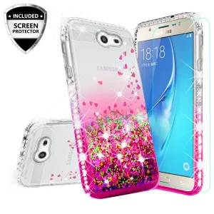 Samsung Galaxy J7 2017, Galaxy Halo Case Liquid Glitter Phone Case Waterfall Floating Quicksand Bling Sparkle Cute Protective Girls Women Cover for Galaxy J7 (2017)/J7 Sky Pro/J7 Perx/J7 V/J7 Prime - Hot Pink