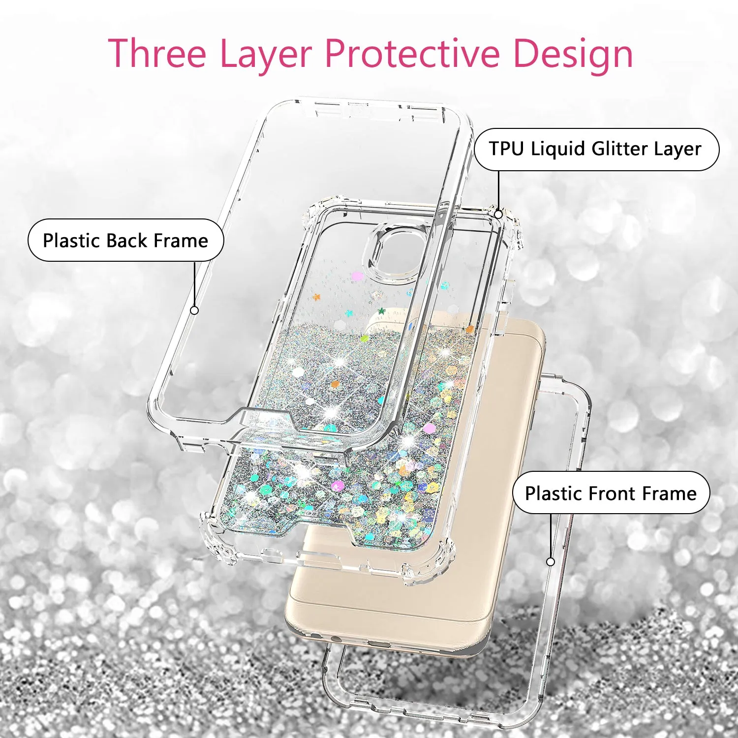 Samsung Galaxy J7 V 2nd Gen/J7 Crown/J7 Top/J7 2018/J7 Star/J7 Achieve/J7 Refine/J7 Aero/J7 Aura Case, Hard Clear Glitter Sparkle Flowing Liquid Heavy Duty Shockproof Three Layer Protective Bling Girls Women Cover - Clear
