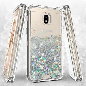Samsung Galaxy J7 V 2nd Gen/J7 Crown/J7 Top/J7 2018/J7 Star/J7 Achieve/J7 Refine/J7 Aero/J7 Aura Case, Hard Clear Glitter Sparkle Flowing Liquid Heavy Duty Shockproof Three Layer Protective Bling Girls Women Cover - Clear