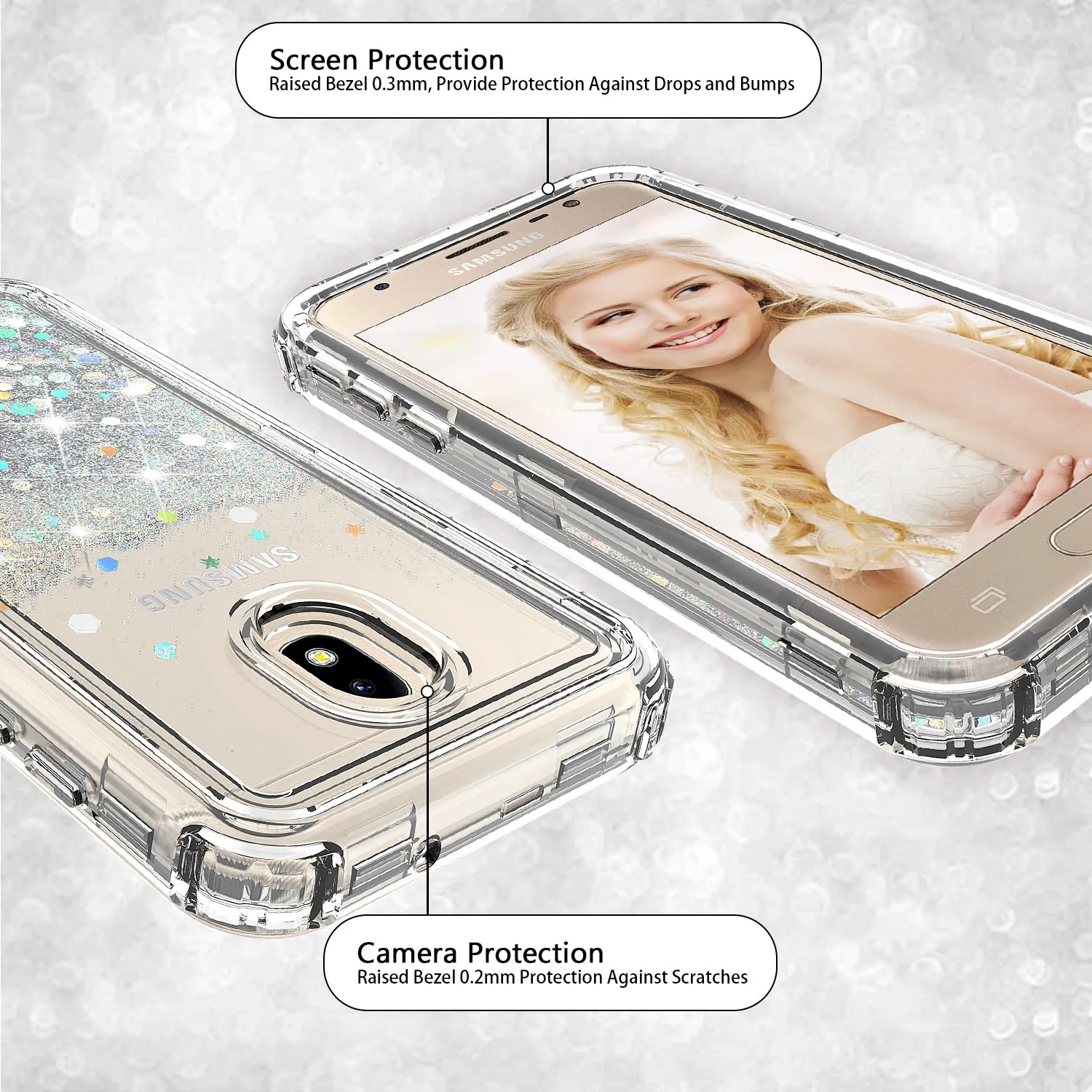 Samsung Galaxy J7 V 2nd Gen/J7 Crown/J7 Top/J7 2018/J7 Star/J7 Achieve/J7 Refine/J7 Aero/J7 Aura Case, Hard Clear Glitter Sparkle Flowing Liquid Heavy Duty Shockproof Three Layer Protective Bling Girls Women Cover - Clear
