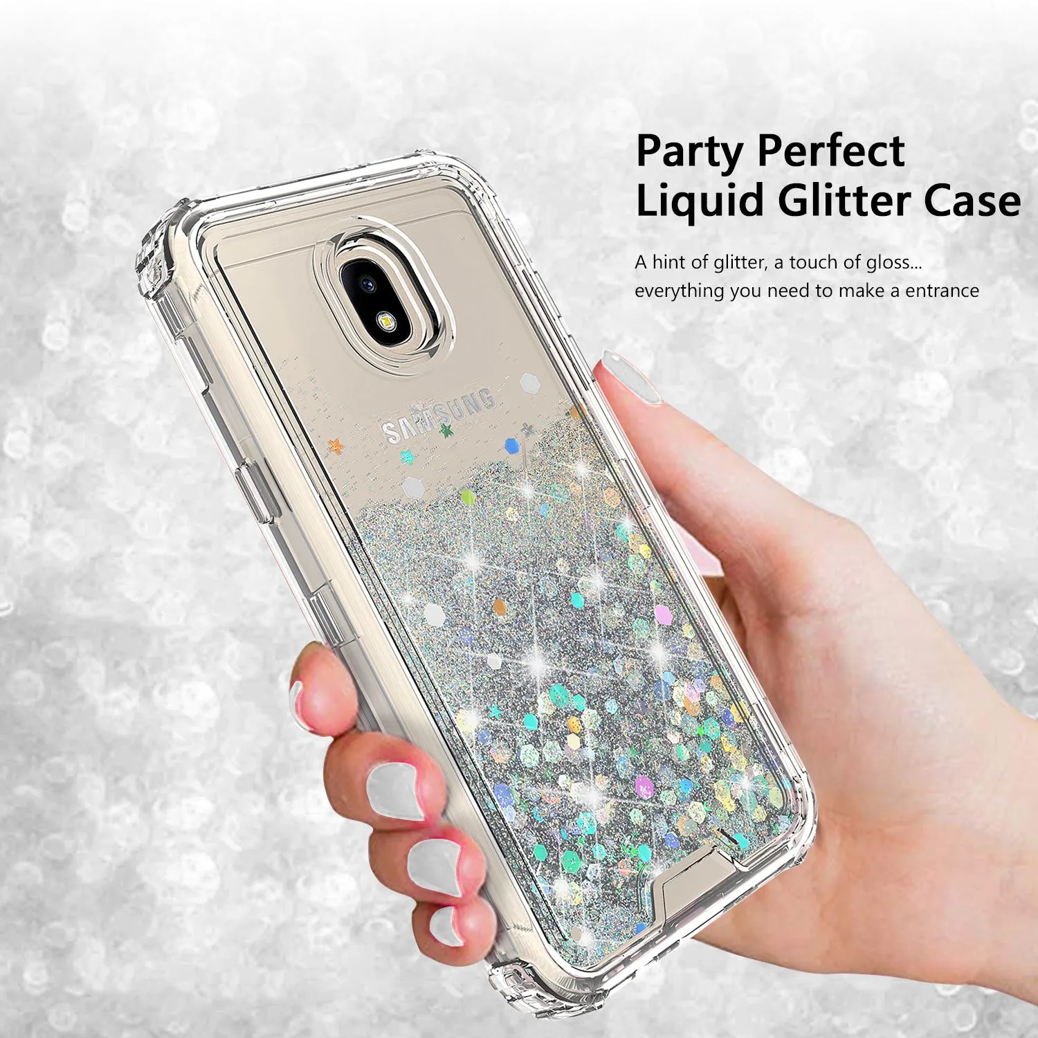 Samsung Galaxy J7 V 2nd Gen/J7 Crown/J7 Top/J7 2018/J7 Star/J7 Achieve/J7 Refine/J7 Aero/J7 Aura Case, Hard Clear Glitter Sparkle Flowing Liquid Heavy Duty Shockproof Three Layer Protective Bling Girls Women Cover - Clear