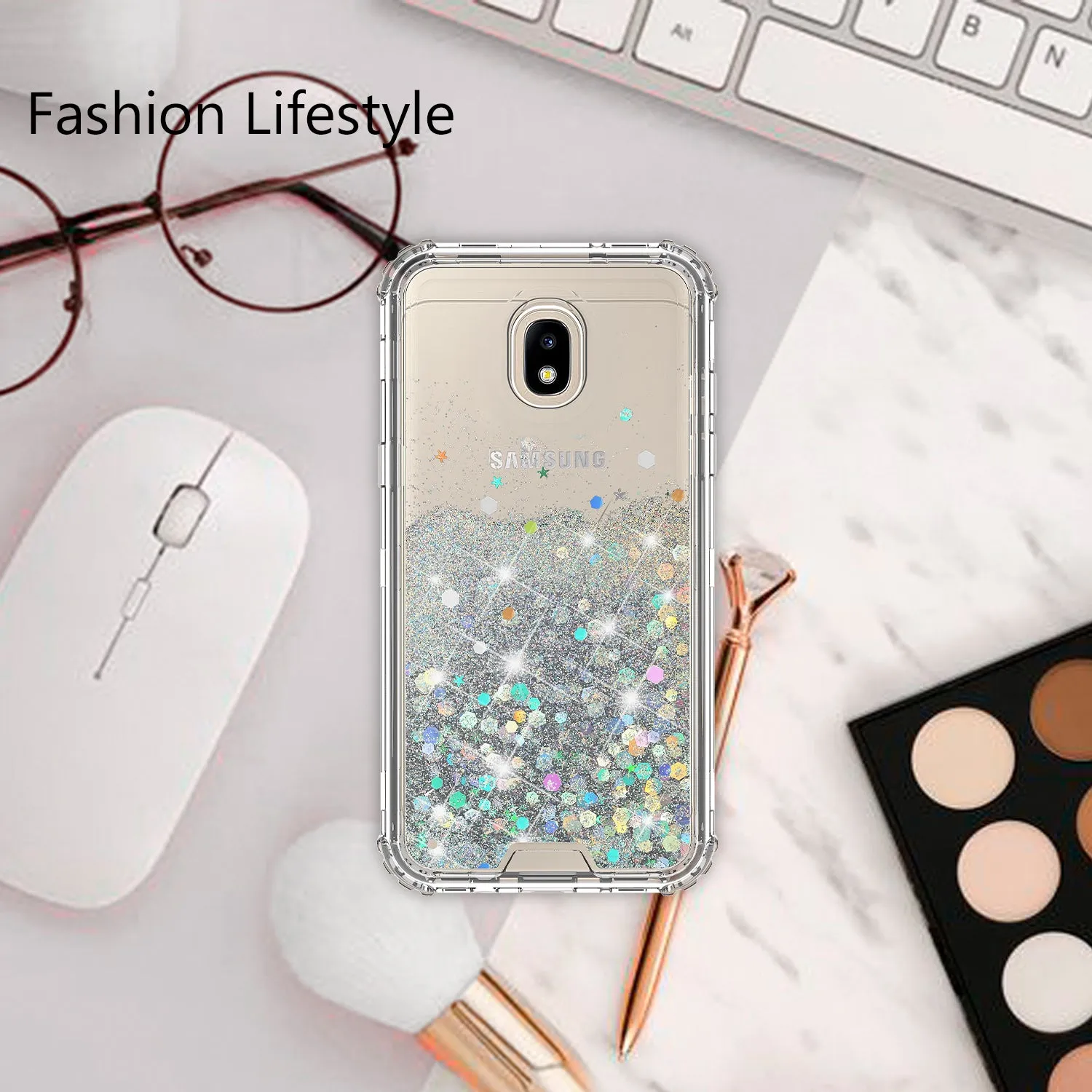 Samsung Galaxy J7 V 2nd Gen/J7 Crown/J7 Top/J7 2018/J7 Star/J7 Achieve/J7 Refine/J7 Aero/J7 Aura Case, Hard Clear Glitter Sparkle Flowing Liquid Heavy Duty Shockproof Three Layer Protective Bling Girls Women Cover - Clear
