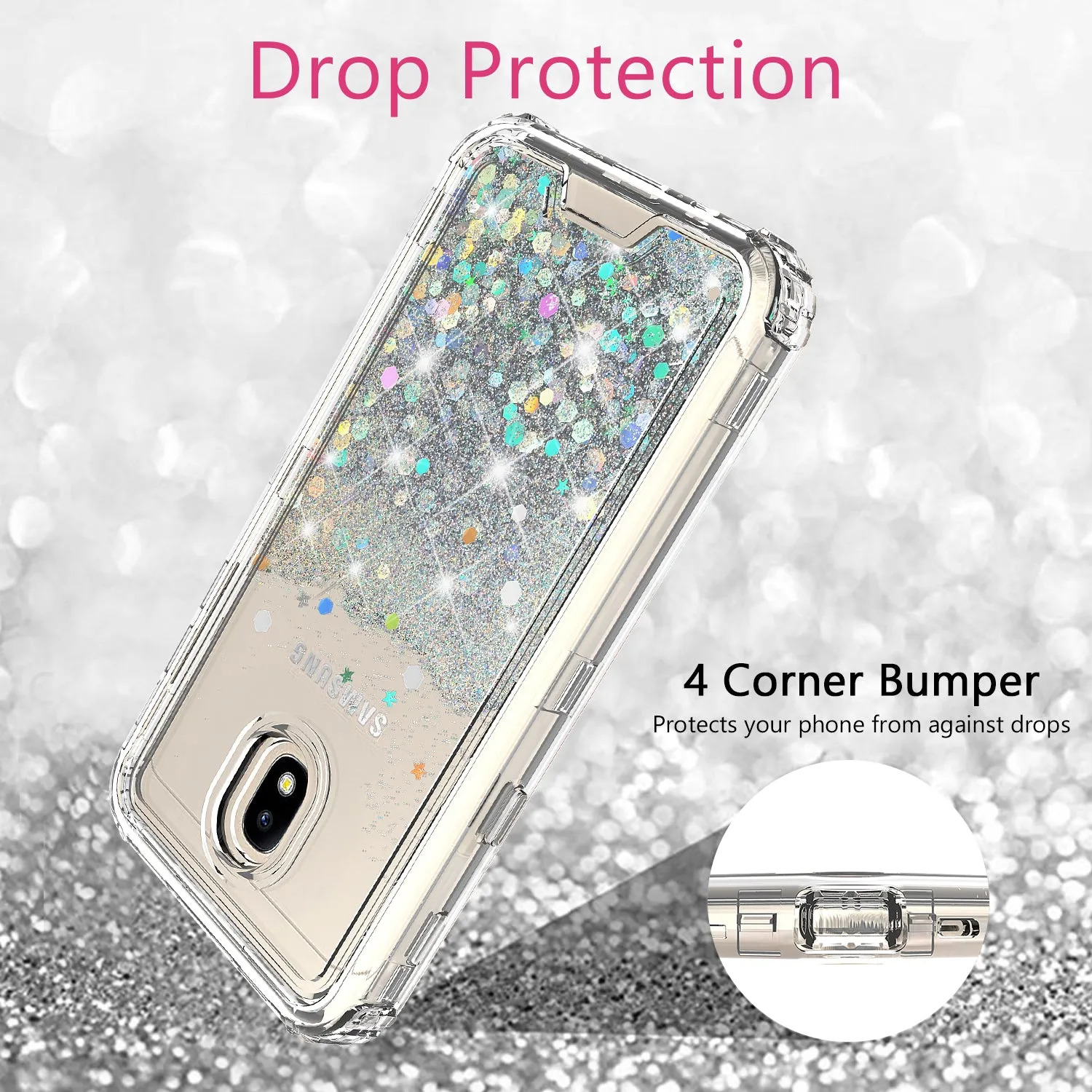 Samsung Galaxy J7 V 2nd Gen/J7 Crown/J7 Top/J7 2018/J7 Star/J7 Achieve/J7 Refine/J7 Aero/J7 Aura Case, Hard Clear Glitter Sparkle Flowing Liquid Heavy Duty Shockproof Three Layer Protective Bling Girls Women Cover - Clear