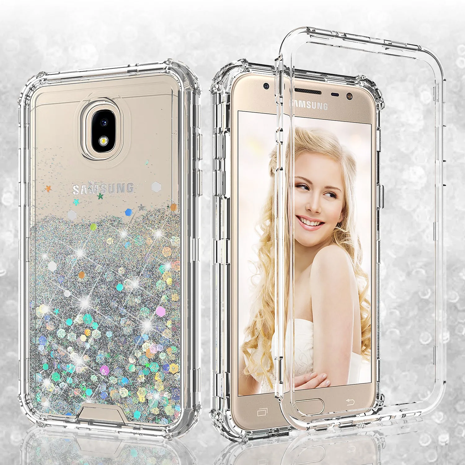Samsung Galaxy J7 V 2nd Gen/J7 Crown/J7 Top/J7 2018/J7 Star/J7 Achieve/J7 Refine/J7 Aero/J7 Aura Case, Hard Clear Glitter Sparkle Flowing Liquid Heavy Duty Shockproof Three Layer Protective Bling Girls Women Cover - Clear