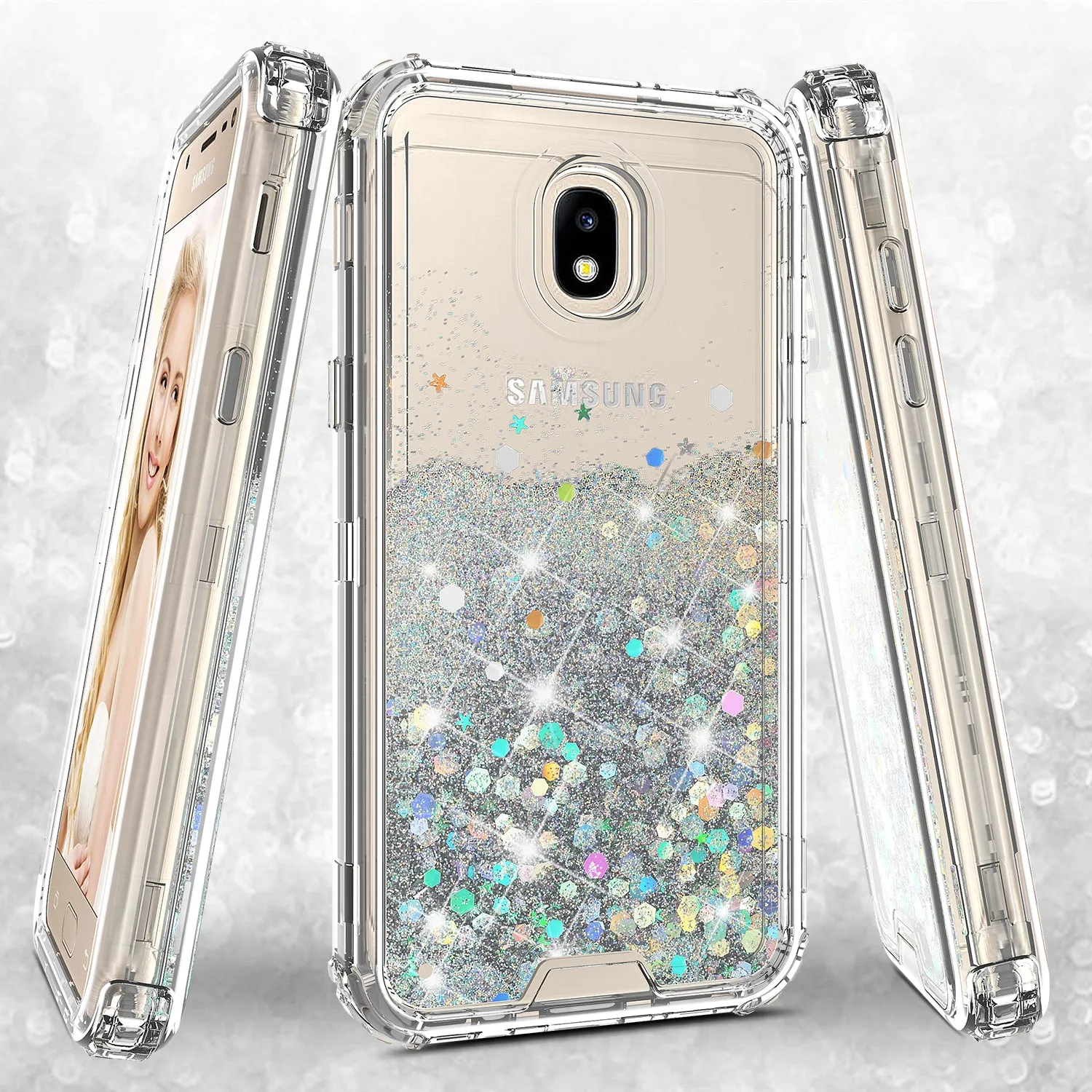Samsung Galaxy J7 V 2nd Gen/J7 Crown/J7 Top/J7 2018/J7 Star/J7 Achieve/J7 Refine/J7 Aero/J7 Aura Case, Hard Clear Glitter Sparkle Flowing Liquid Heavy Duty Shockproof Three Layer Protective Bling Girls Women Cover - Clear