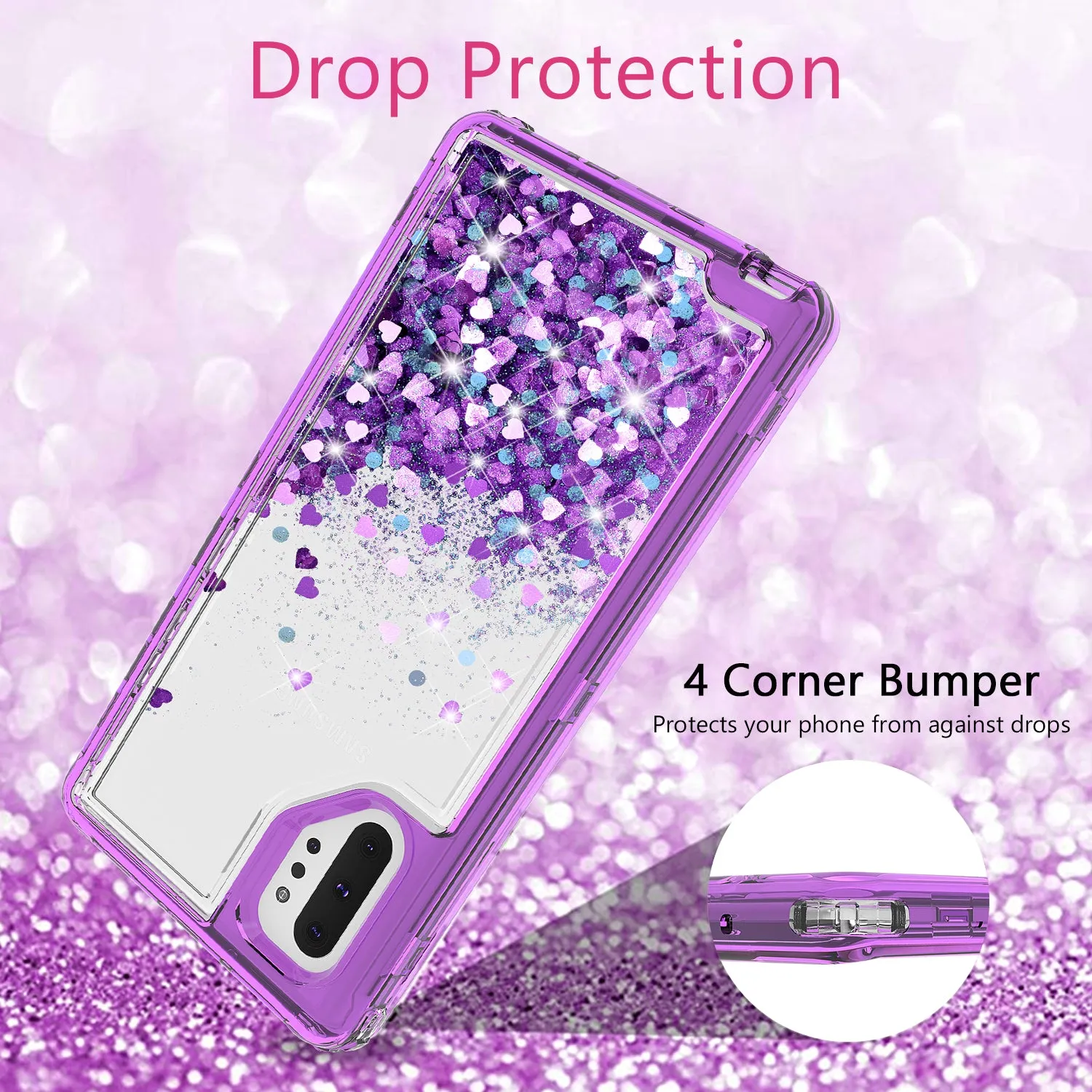 Samsung Galaxy Note 10 Plus Case,Hard Clear Glitter Sparkle Flowing Liquid Heavy Duty Shockproof Three Layer Protective Bling Girls Women Cases for Samsung Galaxy Note 10 Plus - Purple