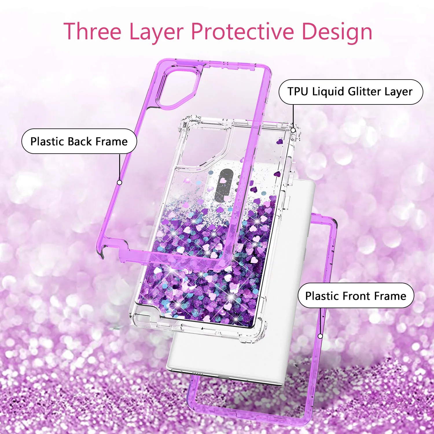 Samsung Galaxy Note 10 Plus Case,Hard Clear Glitter Sparkle Flowing Liquid Heavy Duty Shockproof Three Layer Protective Bling Girls Women Cases for Samsung Galaxy Note 10 Plus - Purple
