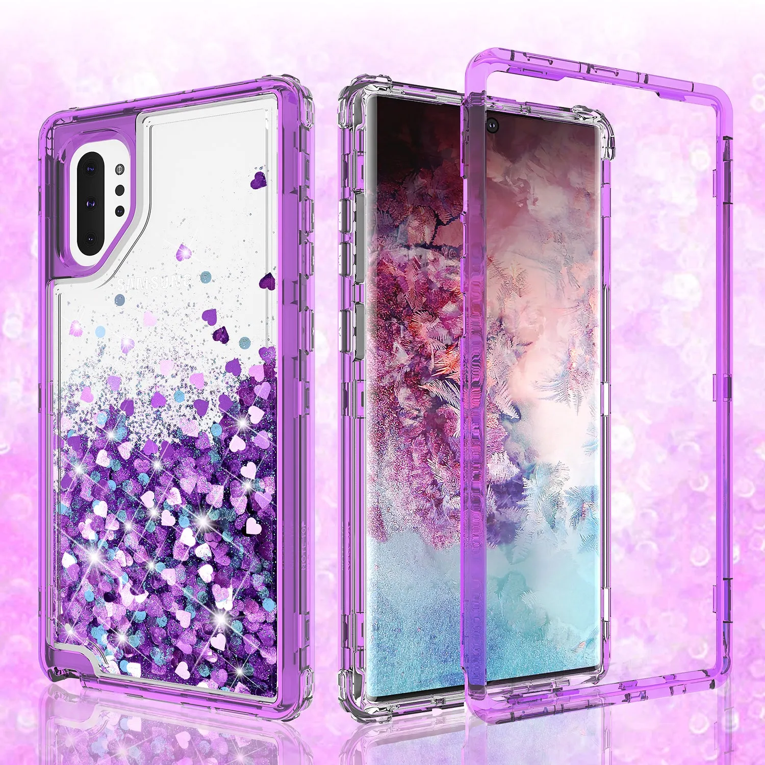 Samsung Galaxy Note 10 Plus Case,Hard Clear Glitter Sparkle Flowing Liquid Heavy Duty Shockproof Three Layer Protective Bling Girls Women Cases for Samsung Galaxy Note 10 Plus - Purple