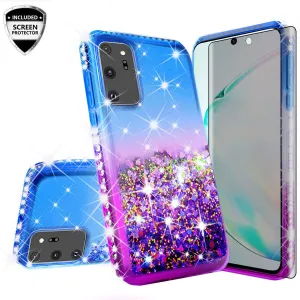 Samsung Galaxy Note 20 Ultra Case Liquid Glitter Phone Case Waterfall Floating Quicksand Bling Sparkle Cute Protective Girls Women Cover for Samsung Galaxy Note 20 Ultra W/Temper Glass - (Blue/Purple Gradient)