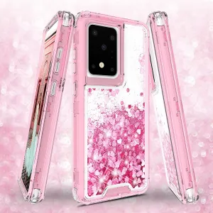 Samsung Galaxy S20 Case,Hard Clear Glitter Sparkle Flowing Liquid Heavy Duty Shockproof Three Layer Protective Bling Girls Women Cases for Samsung Galaxy S20 - Pink