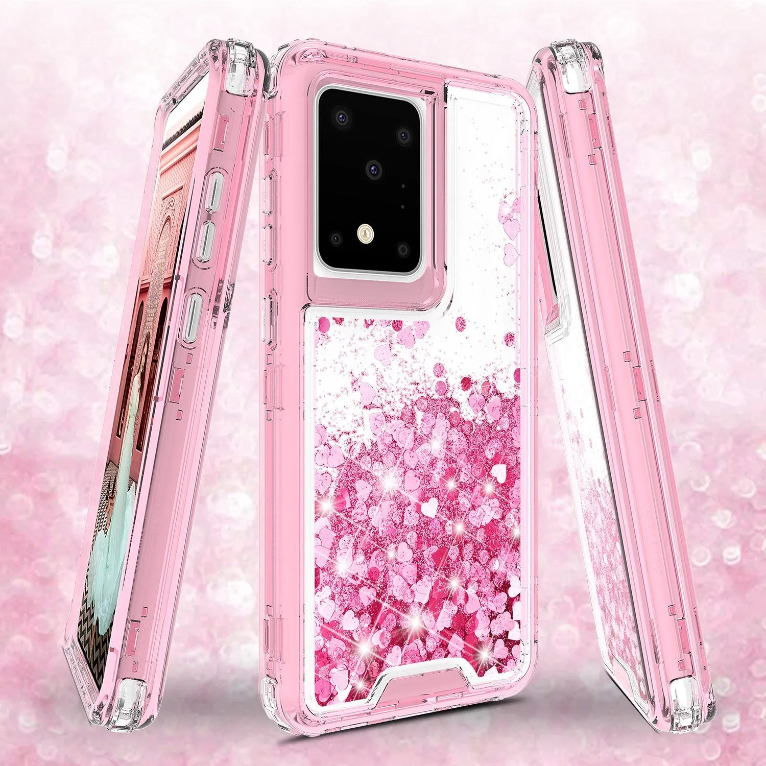 Samsung Galaxy S20 Case,Hard Clear Glitter Sparkle Flowing Liquid Heavy Duty Shockproof Three Layer Protective Bling Girls Women Cases for Samsung Galaxy S20 - Pink