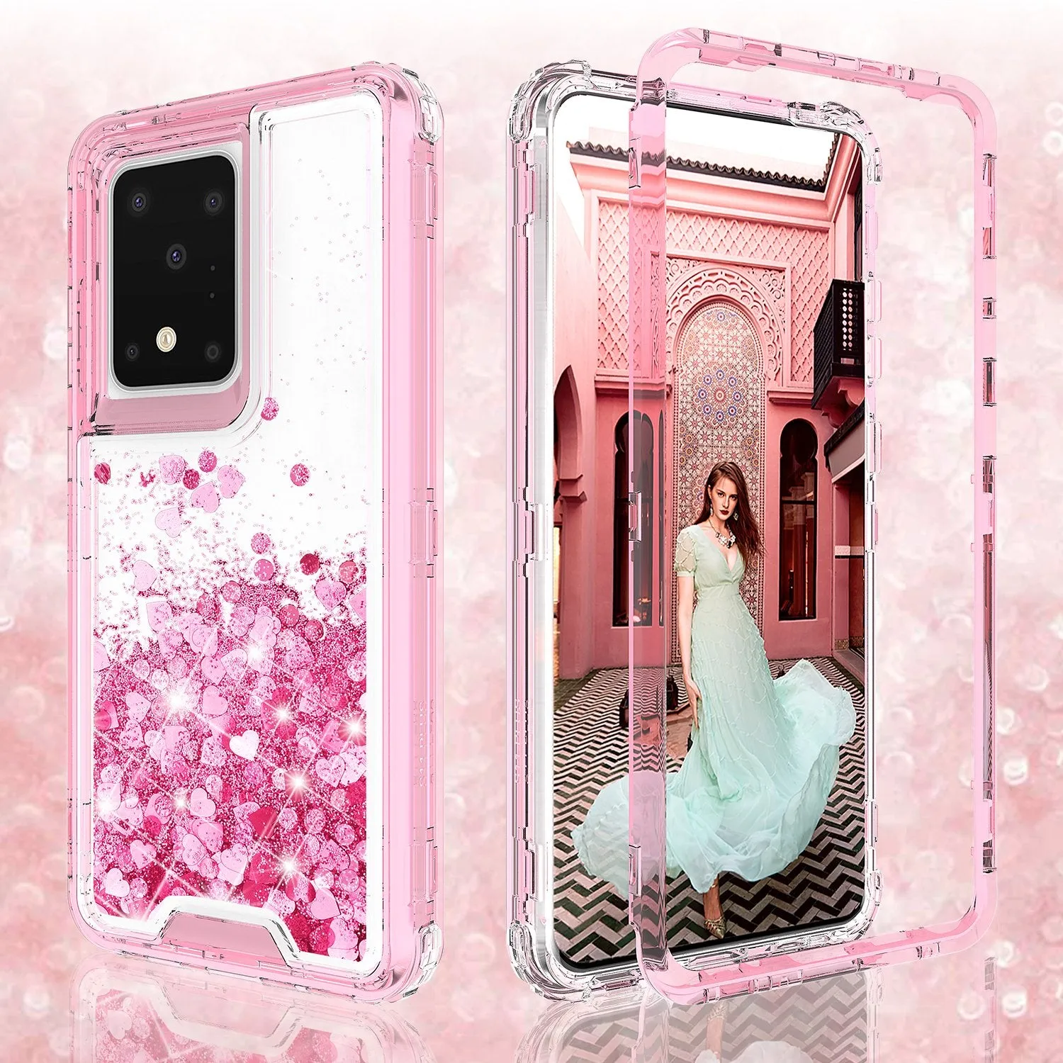 Samsung Galaxy S20 Case,Hard Clear Glitter Sparkle Flowing Liquid Heavy Duty Shockproof Three Layer Protective Bling Girls Women Cases for Samsung Galaxy S20 - Pink