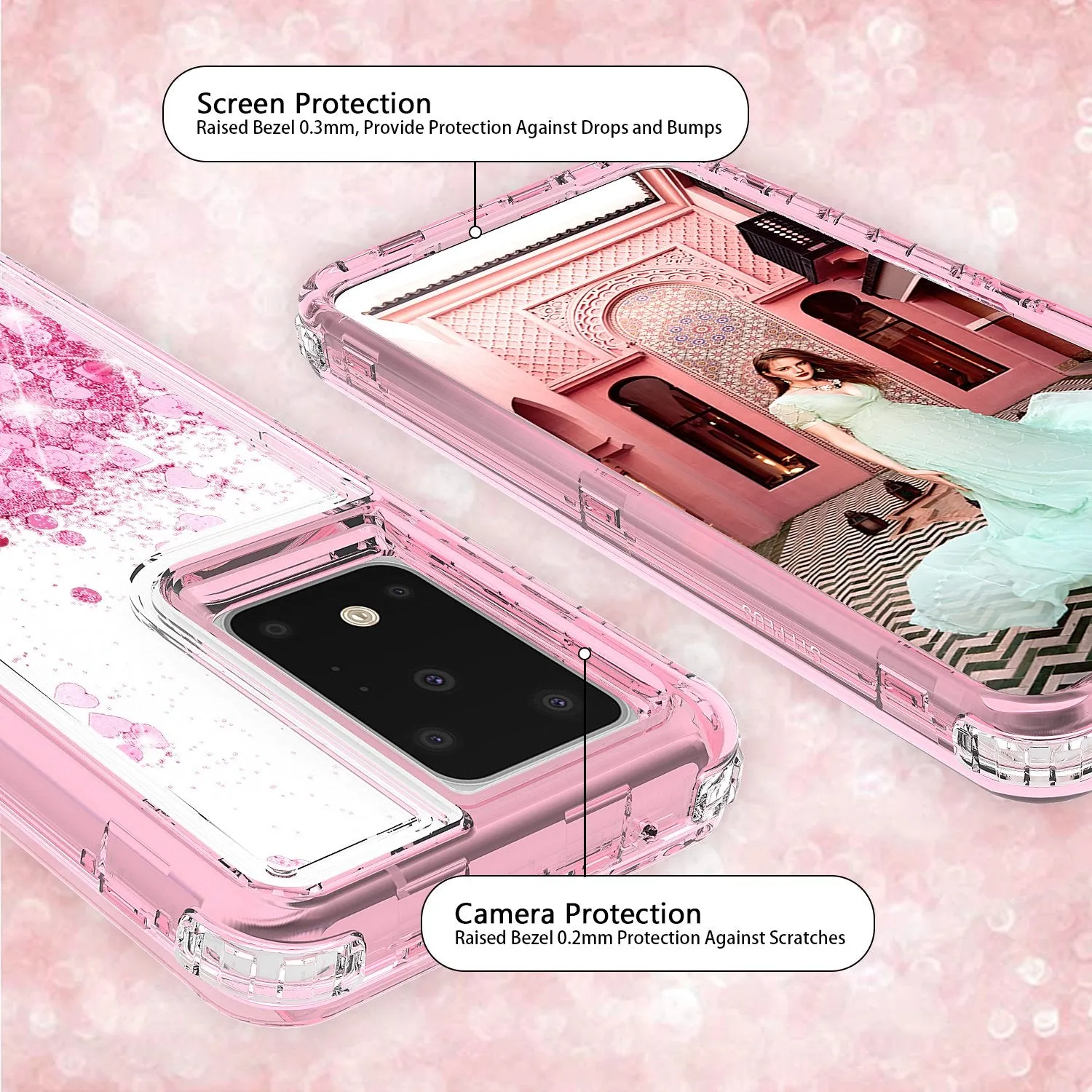 Samsung Galaxy S20 Case,Hard Clear Glitter Sparkle Flowing Liquid Heavy Duty Shockproof Three Layer Protective Bling Girls Women Cases for Samsung Galaxy S20 - Pink