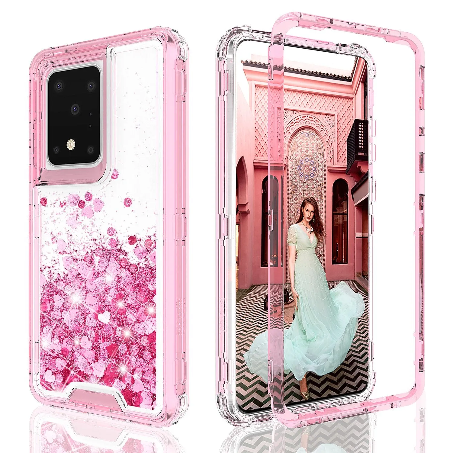 Samsung Galaxy S20 Case,Hard Clear Glitter Sparkle Flowing Liquid Heavy Duty Shockproof Three Layer Protective Bling Girls Women Cases for Samsung Galaxy S20 - Pink