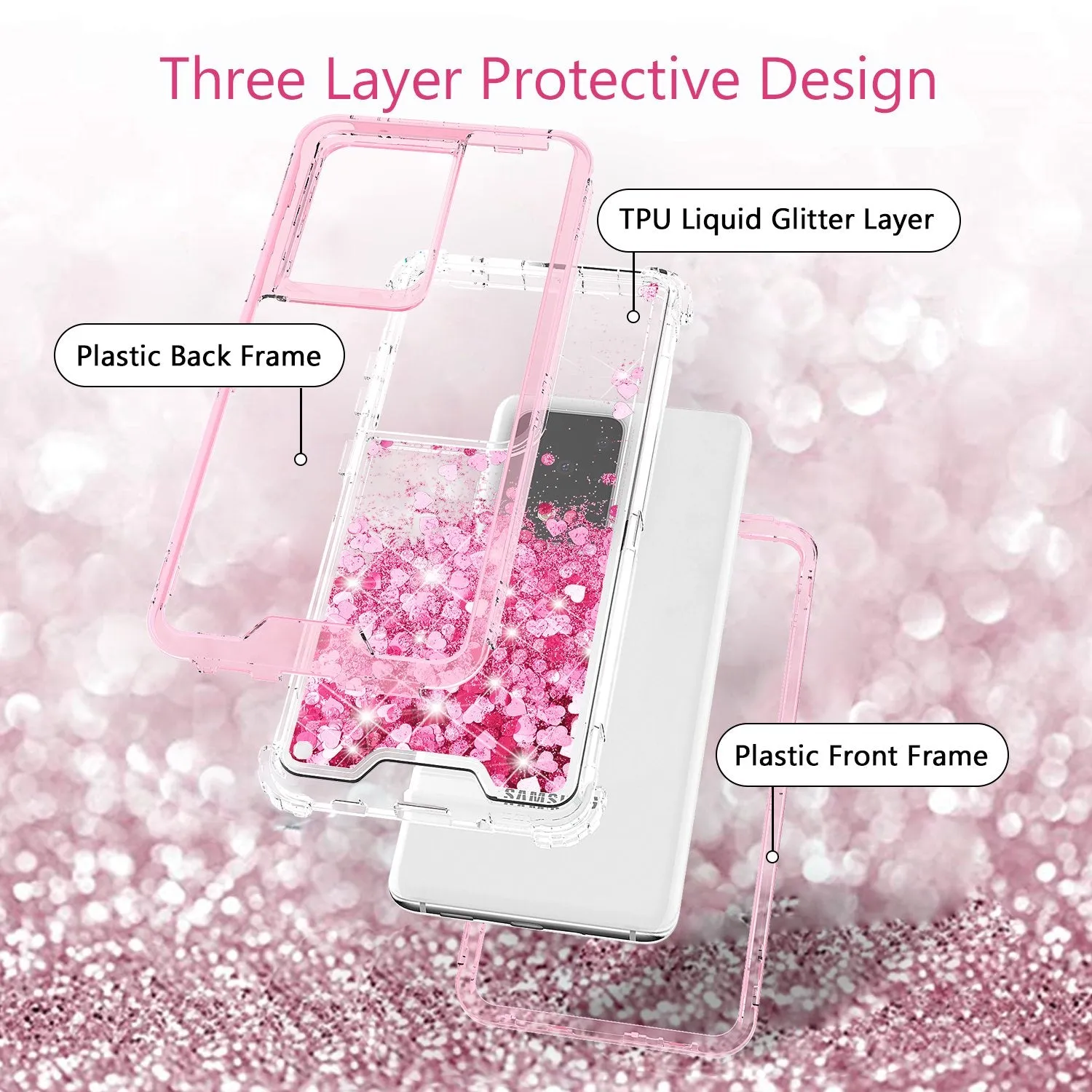 Samsung Galaxy S20 Case,Hard Clear Glitter Sparkle Flowing Liquid Heavy Duty Shockproof Three Layer Protective Bling Girls Women Cases for Samsung Galaxy S20 - Pink