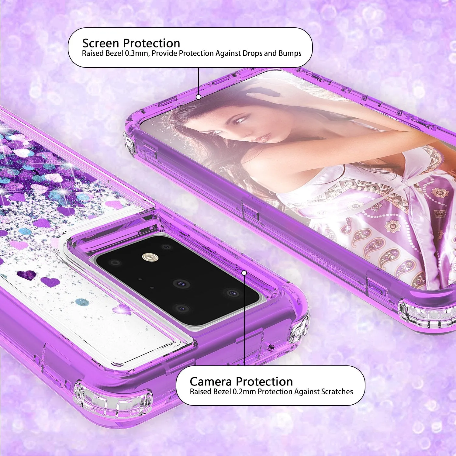 Samsung Galaxy S20 Plus/Galaxy S20  Case,Hard Clear Glitter Sparkle Flowing Liquid Heavy Duty Shockproof Three Layer Protective Bling Girls Women Cases for Samsung Galaxy S20 Plus/Galaxy S20  - Purple