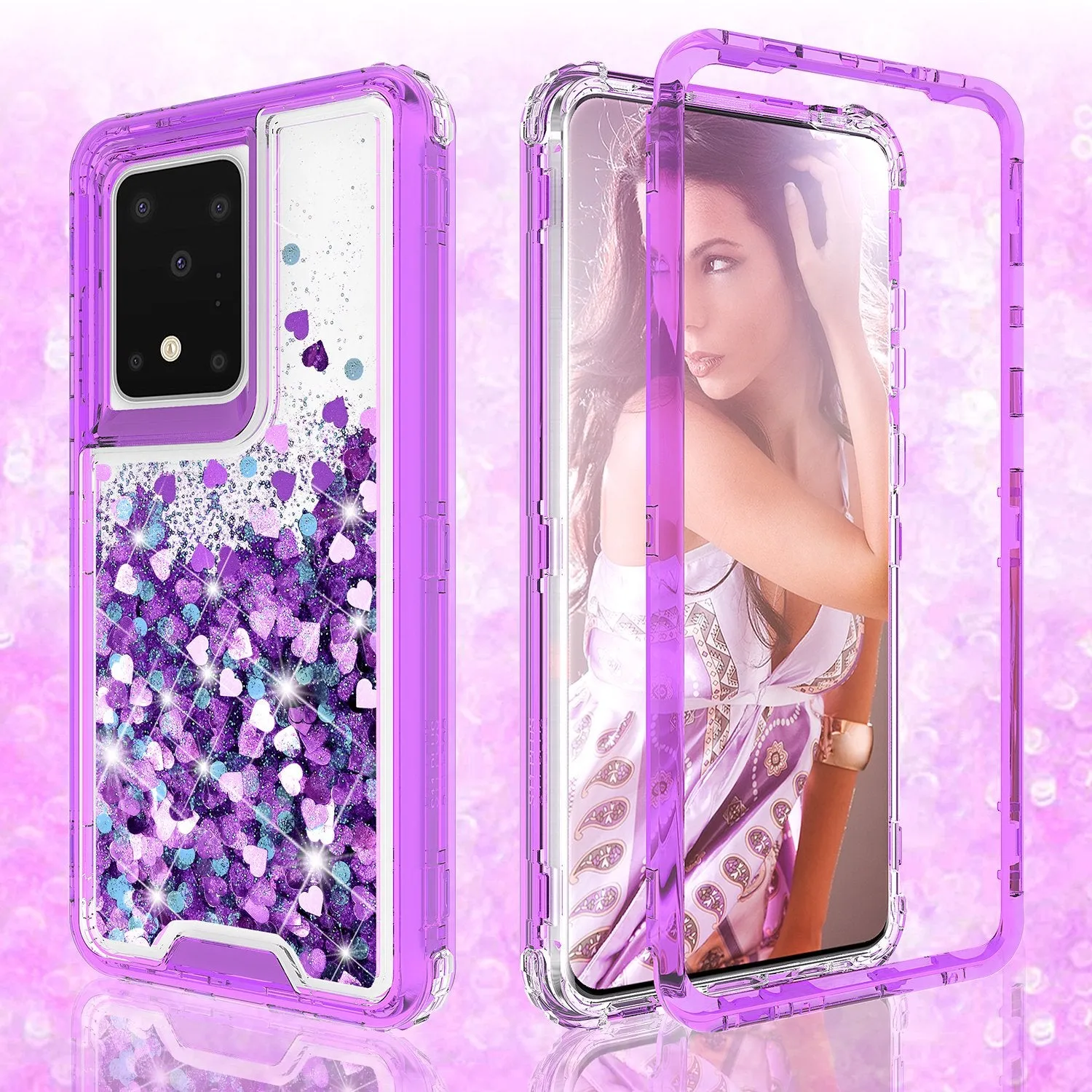 Samsung Galaxy S20 Plus/Galaxy S20  Case,Hard Clear Glitter Sparkle Flowing Liquid Heavy Duty Shockproof Three Layer Protective Bling Girls Women Cases for Samsung Galaxy S20 Plus/Galaxy S20  - Purple