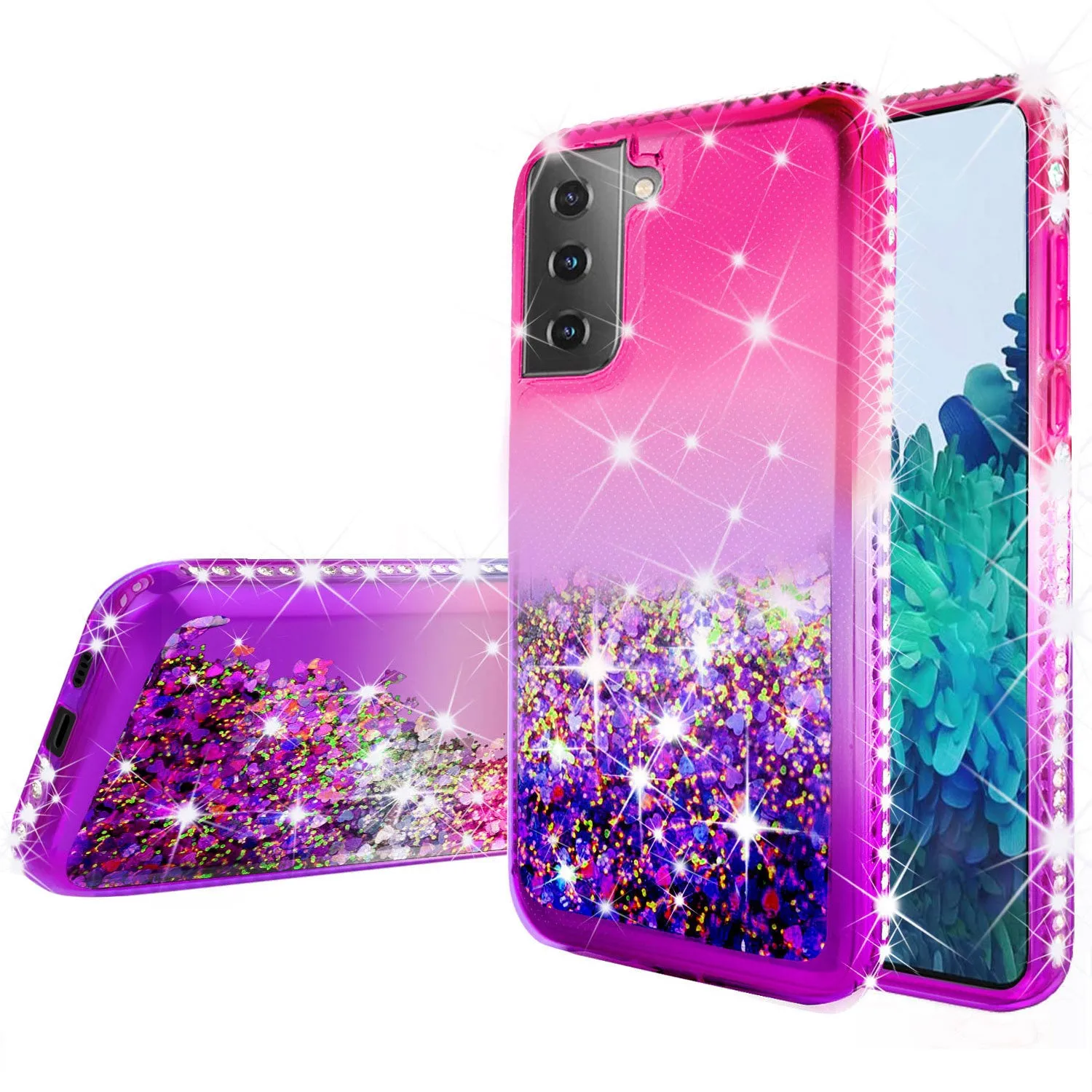 Samsung Galaxy S21  /Galaxy S21 Plus Case Liquid Glitter Phone Case Waterfall Floating Quicksand Bling Sparkle Cute Protective Girls Women Cover for Samsung Galaxy S21  /Galaxy S21 Plus w/ Tempered Glass - (Hot Pink/Purple Gradient)