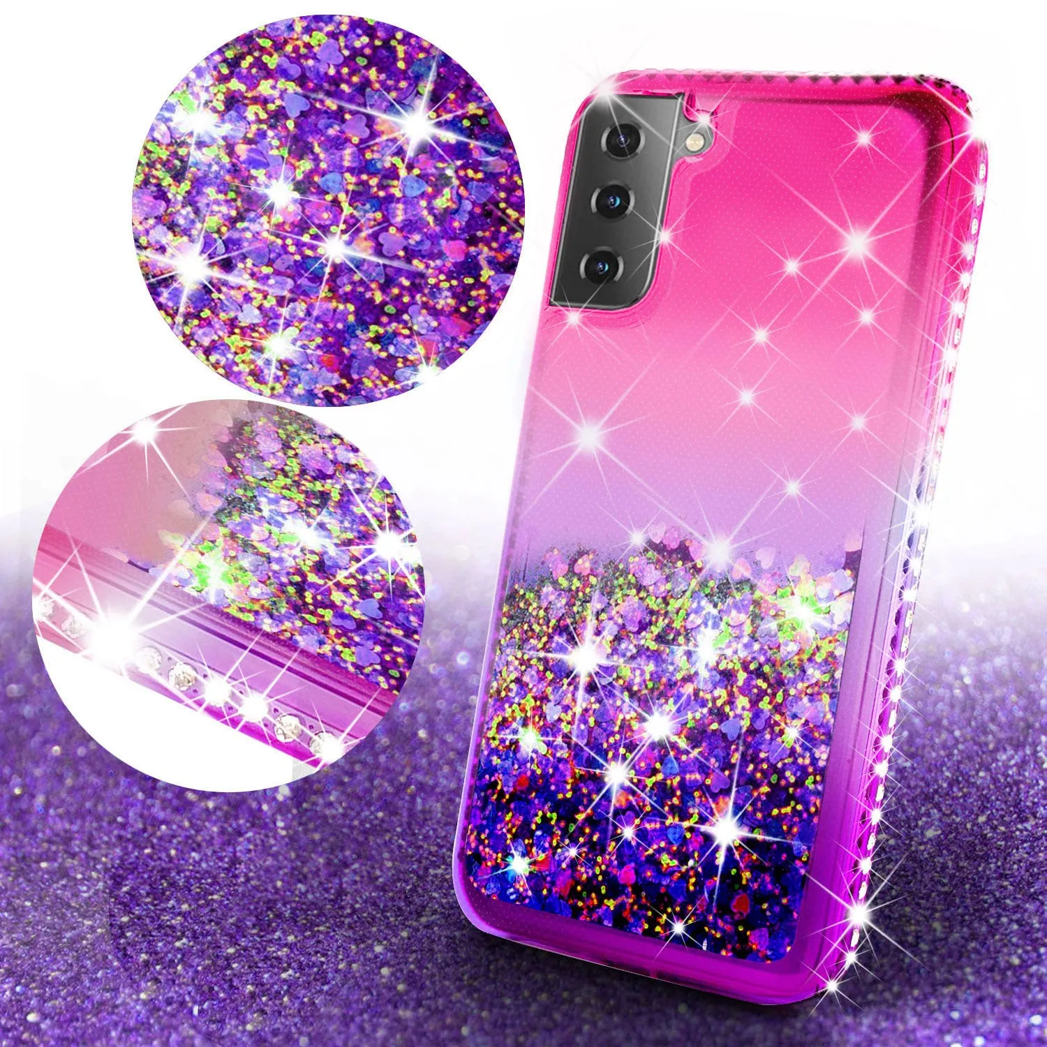 Samsung Galaxy S21  /Galaxy S21 Plus Case Liquid Glitter Phone Case Waterfall Floating Quicksand Bling Sparkle Cute Protective Girls Women Cover for Samsung Galaxy S21  /Galaxy S21 Plus w/ Tempered Glass - (Hot Pink/Purple Gradient)